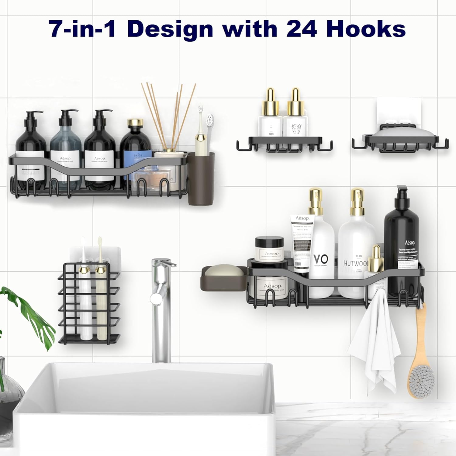 NESOMI Shower Caddy Adhesive Shower Organizer 7-Pack, Rustproof Stainless Steel Bathroom Shelves, Large Capacity No-Drill Rack Storage Accessories with Soap Dish Toothbrush Holder &24 Hooks Home Decor - Image 4