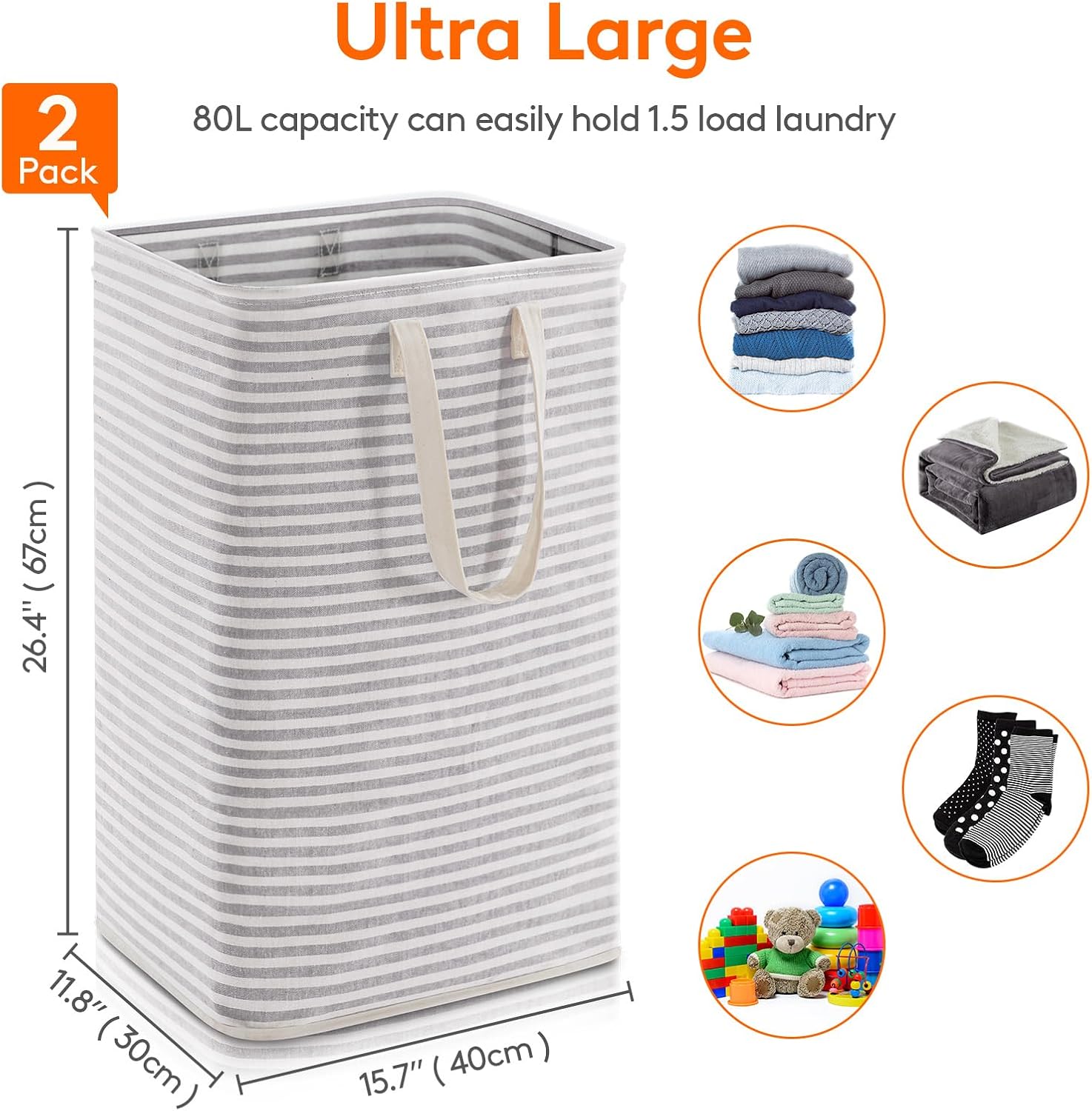 Lifewit 2 Pack Laundry Basket 80L Each, Collapsible Clothes Hamper with Reinforced Handles, Freestanding Waterproof Design for Bedroom and Laundry Room, Grey 160L Total - Image 3