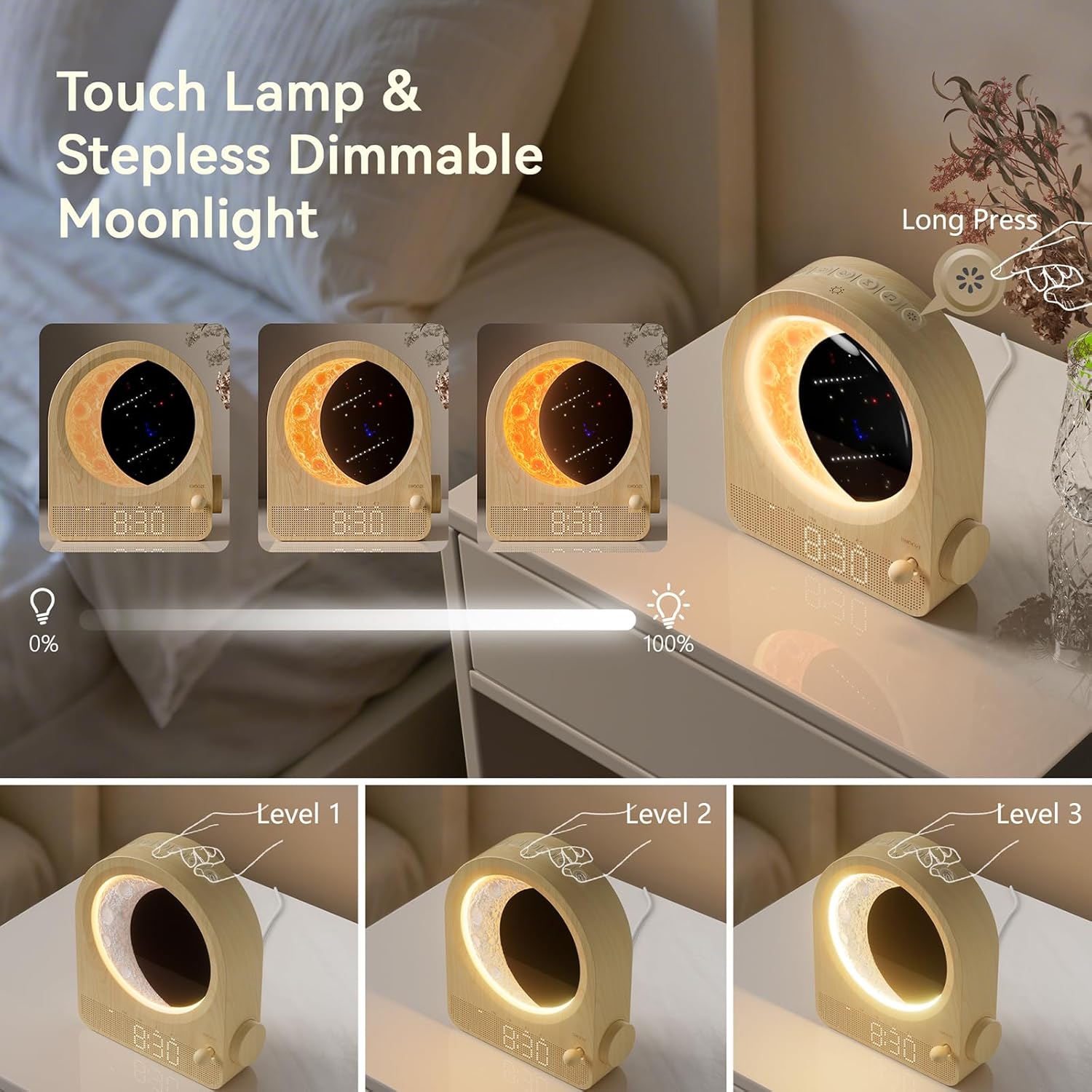 blonbar Sunrise Alarm Clocks for Bedrooms, Stepless Dimmable Moon Lamp Dual Alarm Clock with 12Levels Volume for Heavy Sleepers, 10 Natural Sounds with 30/60/90mins Timer, Gifts for Women - Image 6