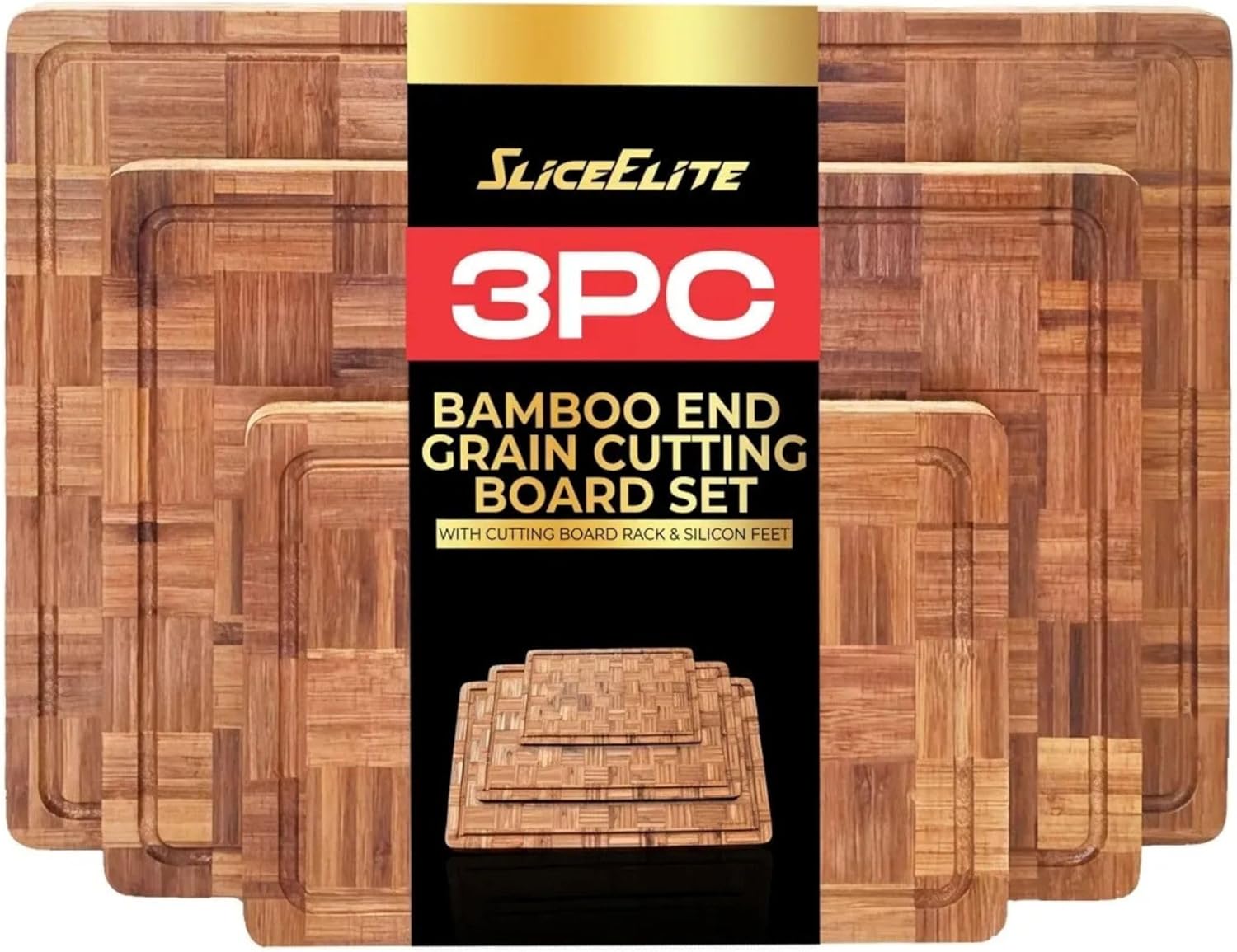 SliceElite Extra Large Bamboo Cutting Board Set 3 Piece End Grain Wooden Chopping Boards with Holder Non Slip Feet Juice Groove XL Butcher Block Style Boards for Kitchen Carving and Serving