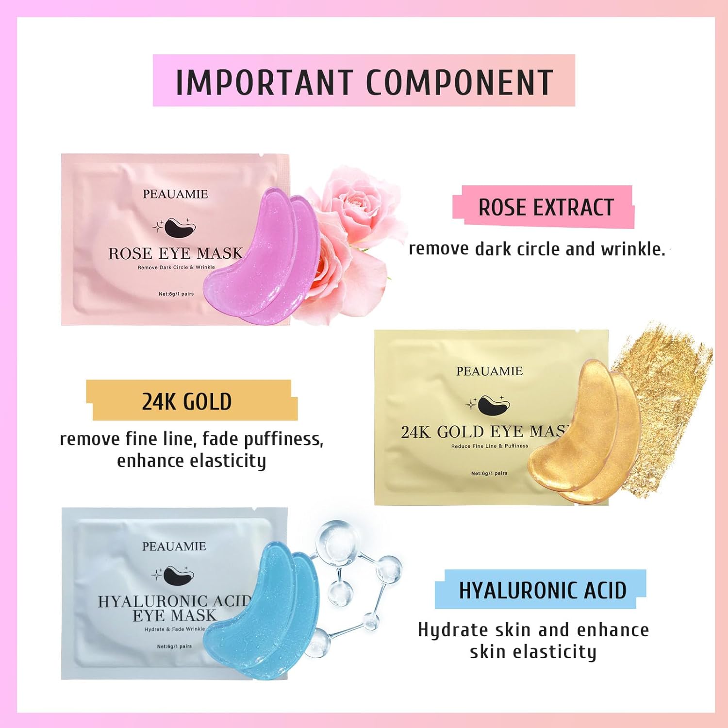 PEAUAMIE Under Eye Patches Gold and Hyaluronic Acid for puffy eyes,Rose Eye Masks for Dark Circles and Puffiness skin care Smooth Wrinkles products 30 Pairs - Image 3