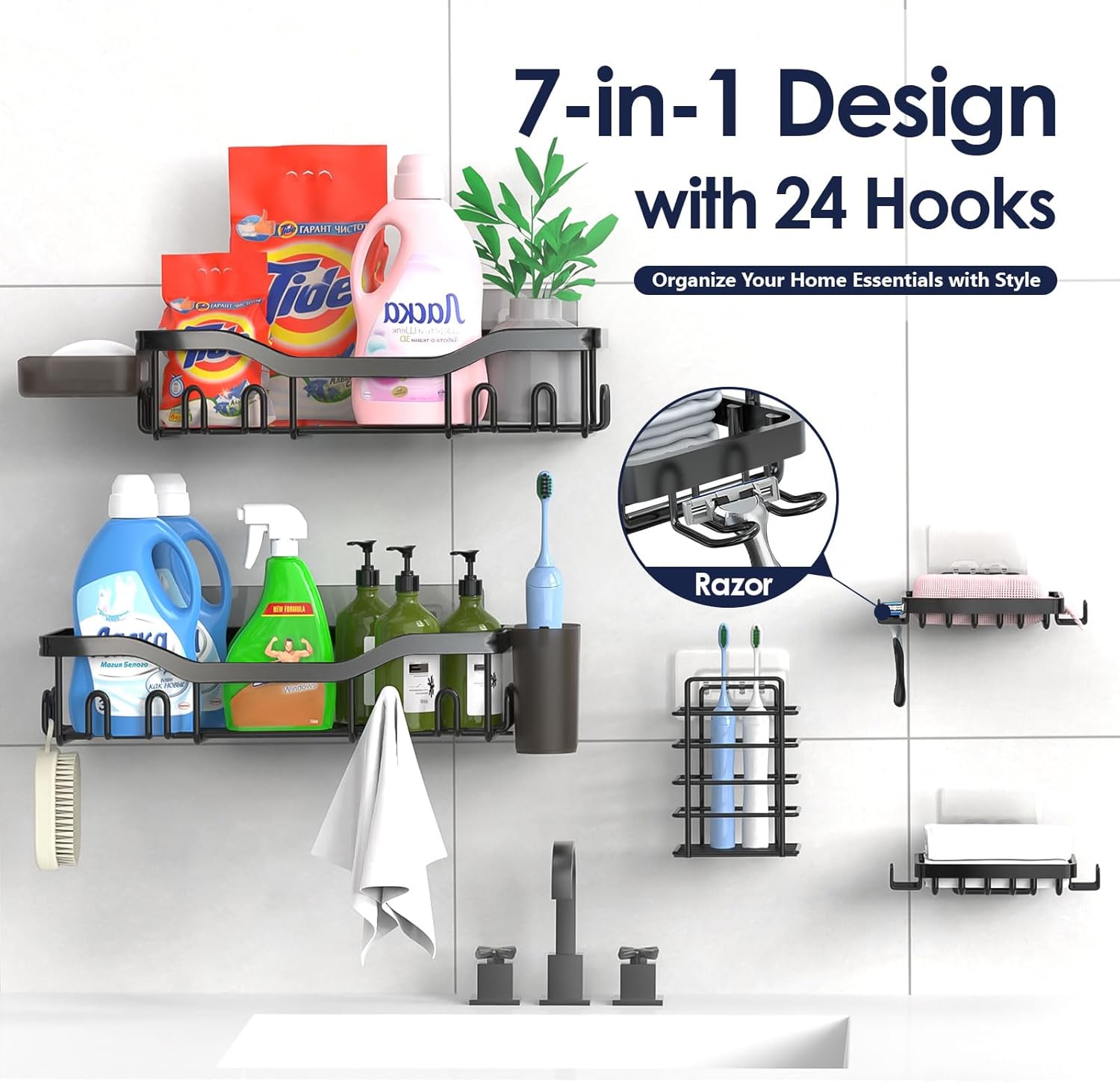NESOMI Shower Caddy Adhesive Shower Organizer 7-Pack, Rustproof Stainless Steel Bathroom Shelves, Large Capacity No-Drill Rack Storage Accessories with Soap Dish Toothbrush Holder &24 Hooks Home Decor - Image 7
