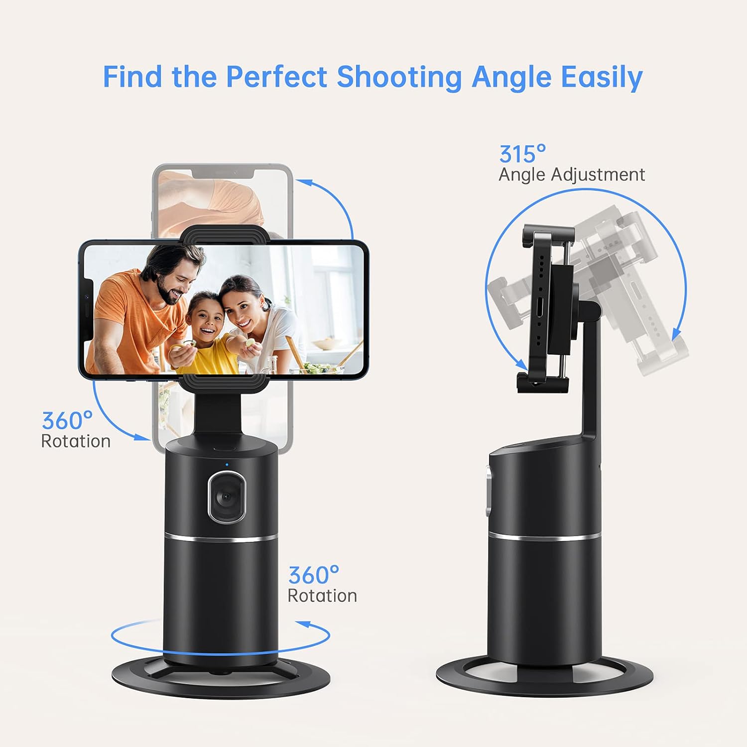 camrola Auto Face Tracking Phone Holder, No App Required, 360° Rotation Face Body Phone Tracking Tripod Smart Shooting Camera Mount for Live Vlog Streaming Video, Rechargeable Battery-Black - Image 5