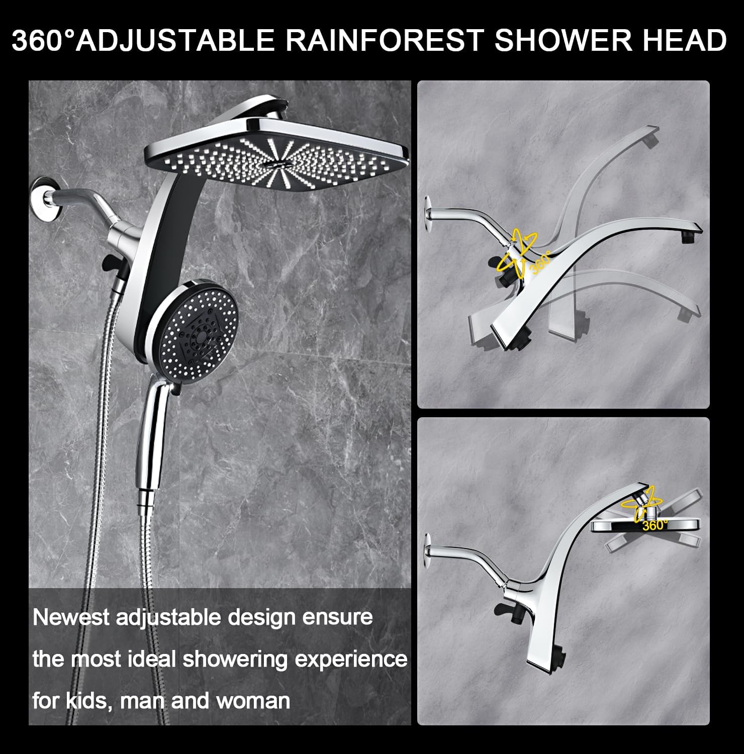 High Pressure Rain Shower Head: Upgrade Shower Heads with Handheld Spray Combo with Fixed Showerhead and 10 Sprays Handheld Shower Head, Detachable Shower head Built-in Magnetic Docking and Power Jets - Image 6