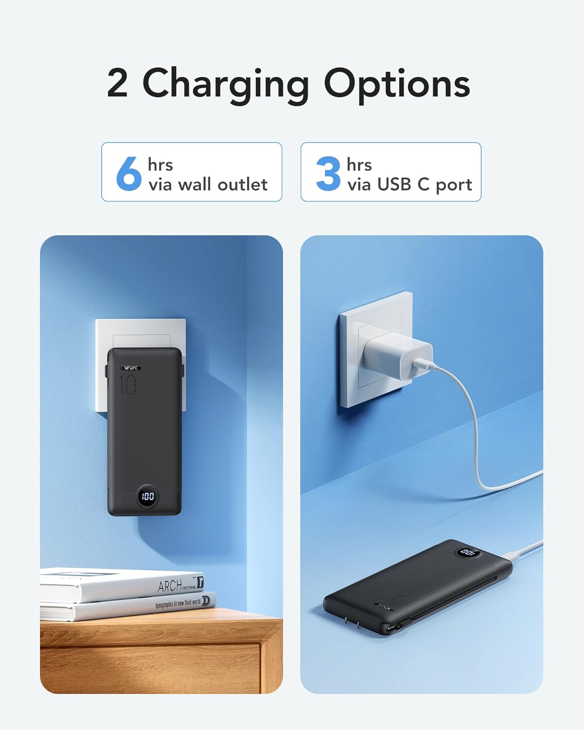 VRURC Portable Charger Power Bank - 10000mAh Fast Charging PD 20W with Wall Plug Slim Portable Charger Built in Cables USB C Portable Phone Charger Travel Accessories -Black(1 Pack) - Image 4