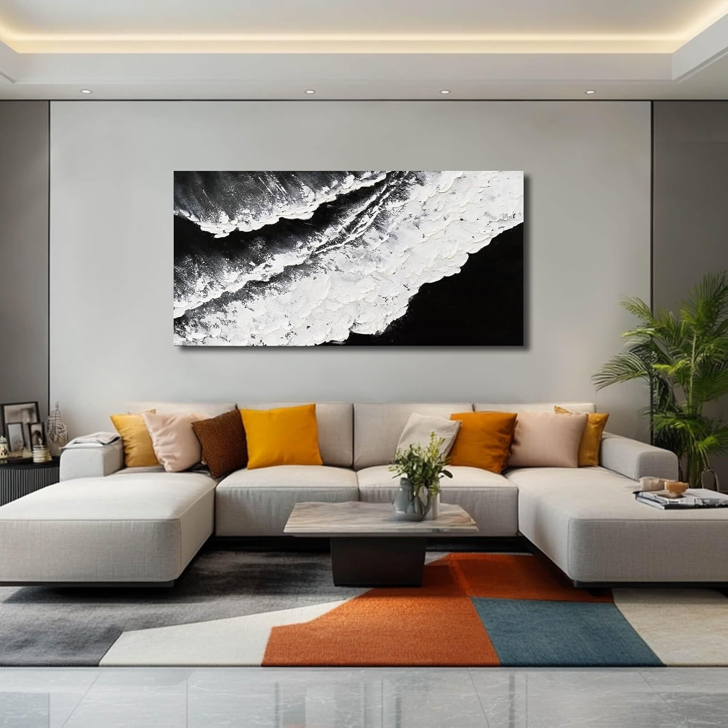 NBAODAN Abstract Wall Art Modern Artwork White Canvas Pictures Large Painting Textured Art 29"x58" Black Office Wall Decor Home Decorations for Living Room - Image 2