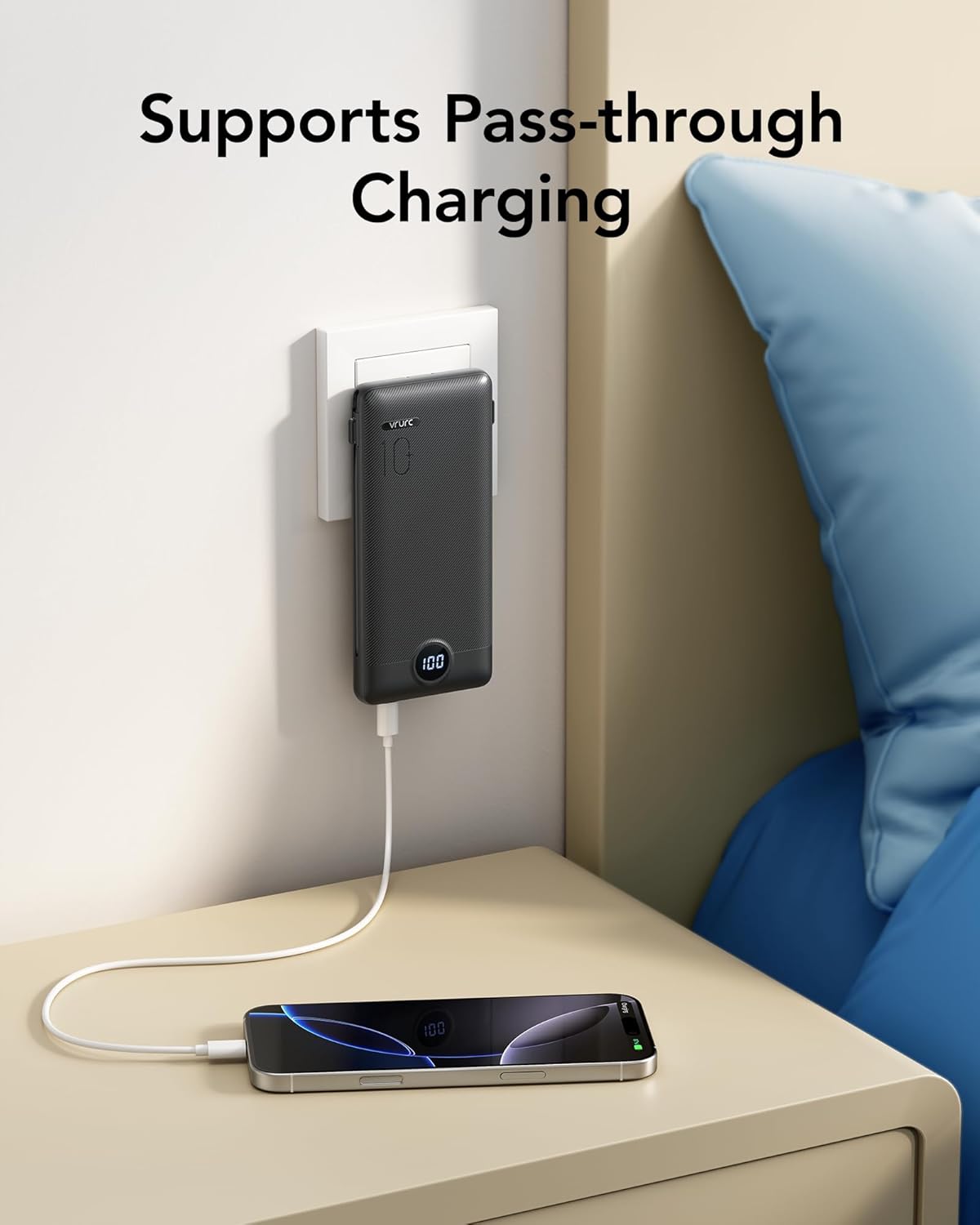 VRURC Portable Charger Power Bank - 10000mAh Fast Charging PD 20W with Wall Plug Slim Portable Charger Built in Cables USB C Portable Phone Charger Travel Accessories -Black(1 Pack) - Image 8