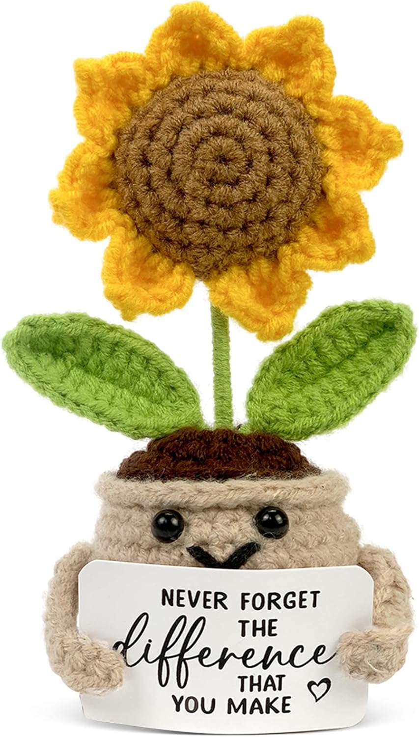 Tiny Detalles Birthday Gifts for Women - Mini Positive Crochet Sunflower, Unique Teacher Appreciation Gifts, Thank You Gifts for Women, Nurse, Friends, Coworker and Sunflower Decor