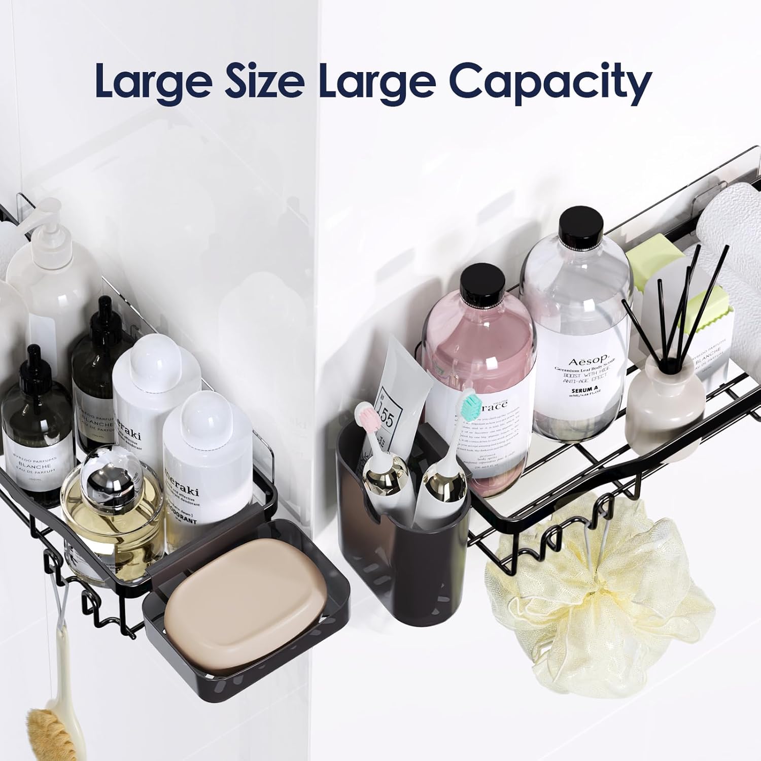 NESOMI Shower Caddy Adhesive Shower Organizer 7-Pack, Rustproof Stainless Steel Bathroom Shelves, Large Capacity No-Drill Rack Storage Accessories with Soap Dish Toothbrush Holder &24 Hooks Home Decor - Image 9