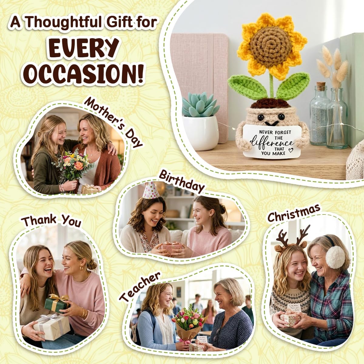 Tiny Detalles Birthday Gifts for Women - Mini Positive Crochet Sunflower, Unique Teacher Appreciation Gifts, Thank You Gifts for Women, Nurse, Friends, Coworker and Sunflower Decor - Image 7