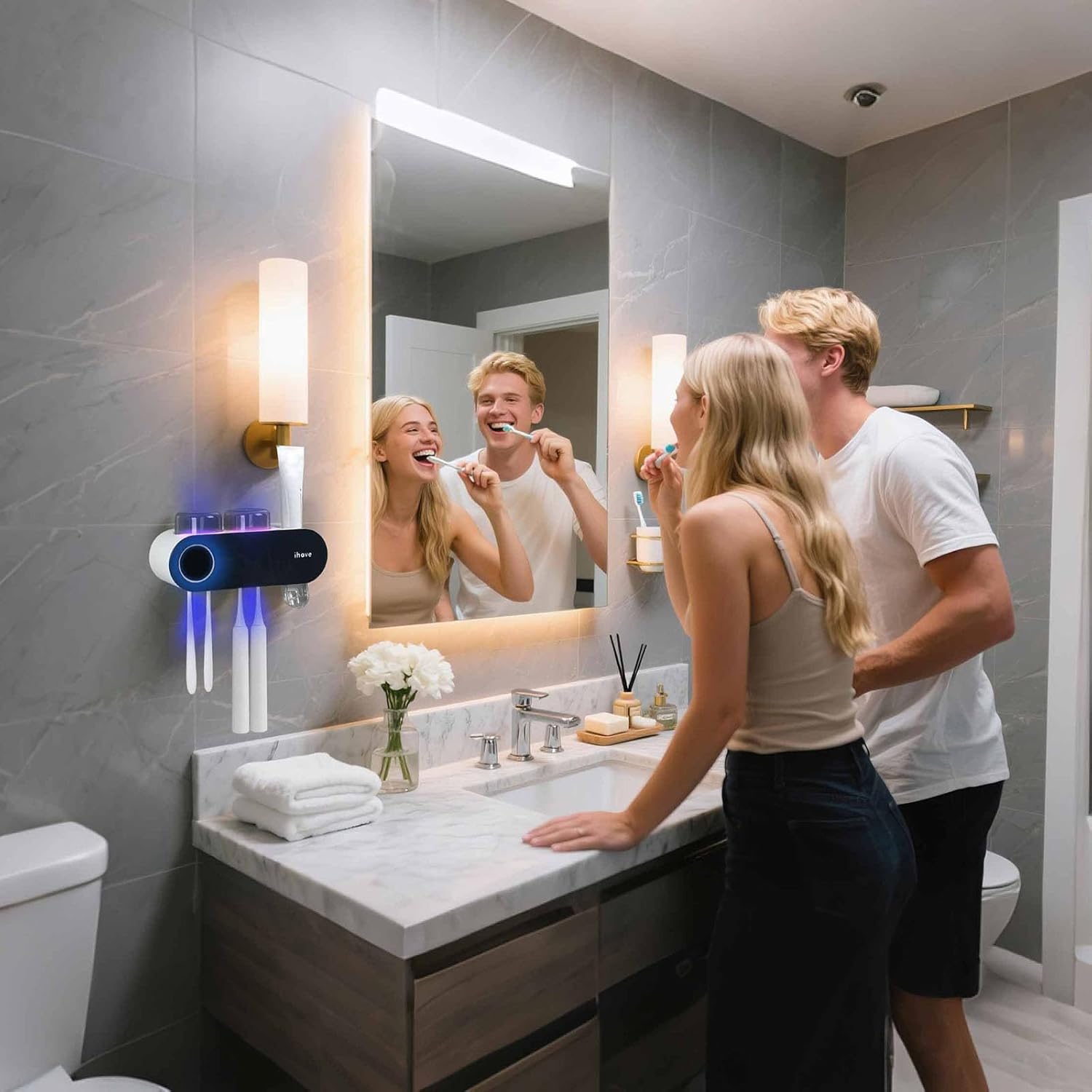 iHave Toothbrush Holders for Bathrooms, UV Toothbrush Sanitizer and Holder Smart Home Bathroom Accessories, 2 Cups Electric Toothbrush Holder Wall Mounted with Toothpaste Dispenser Bathroom Decor - Image 6