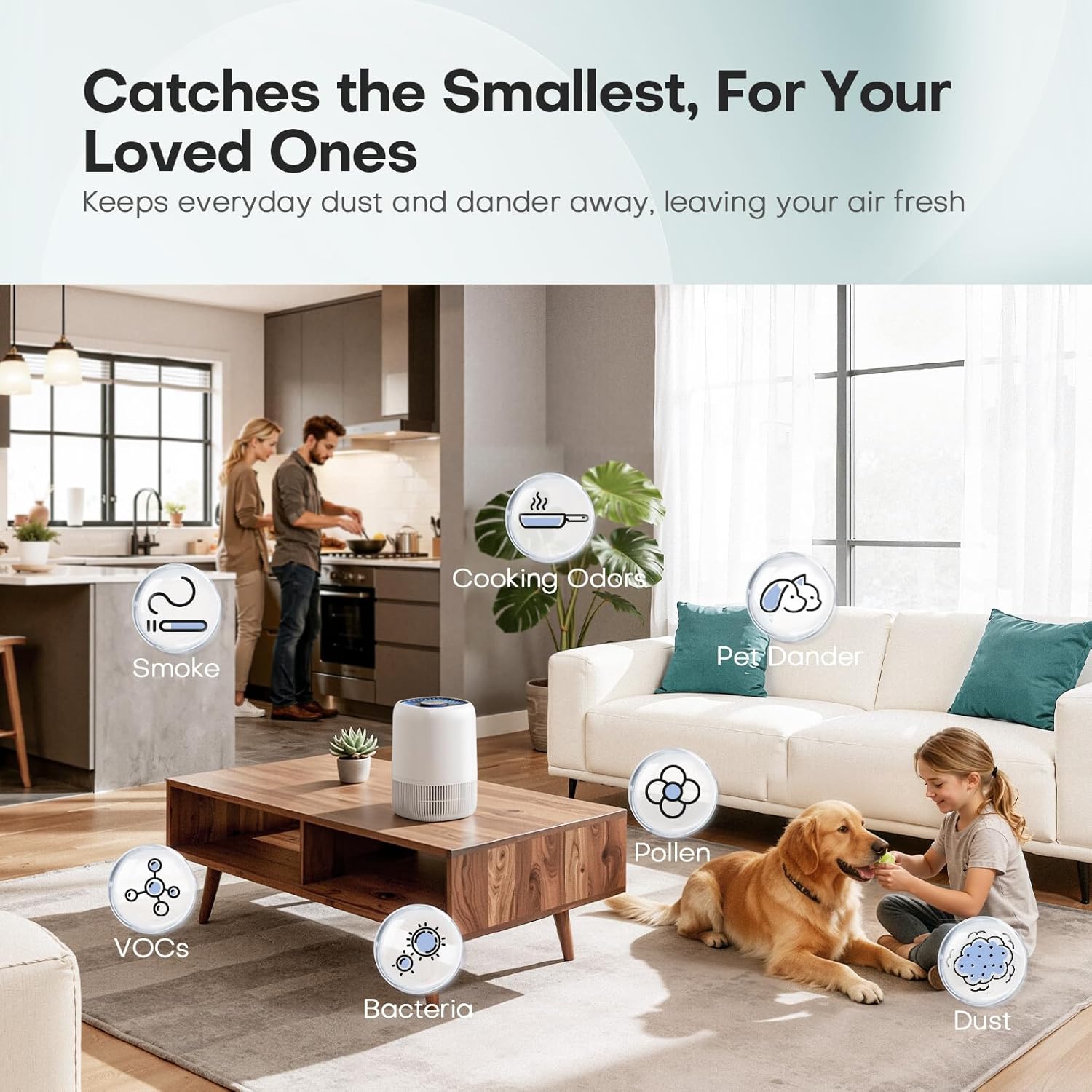 Air Purifiers for Home with High Efficiency Filter Up to 1076 Ft² for Pet Hair, Odors, Pollen, Smoke, Compact Air Cleaner with 3 Speeds, Timer, Aroma Quiet 360°Intake Filter, White - Image 5