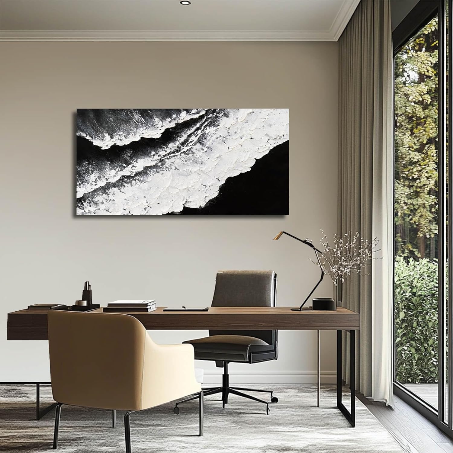 NBAODAN Black and White Wall Decor Sea Canvas Painting Neutral Abstract Wall Picture 24"x48" Artwork for Bedroom Large Wall Art for Living Room Dining Room - Image 4