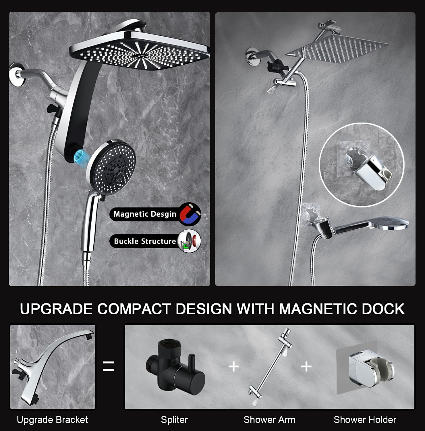 High Pressure Rain Shower Head: Upgrade Shower Heads with Handheld Spray Combo with Fixed Showerhead and 10 Sprays Handheld Shower Head, Detachable Shower head Built-in Magnetic Docking and Power Jets - Image 5