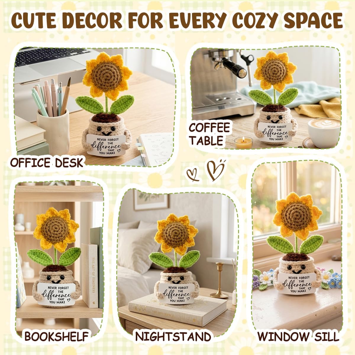 Tiny Detalles Birthday Gifts for Women - Mini Positive Crochet Sunflower, Unique Teacher Appreciation Gifts, Thank You Gifts for Women, Nurse, Friends, Coworker and Sunflower Decor - Image 6