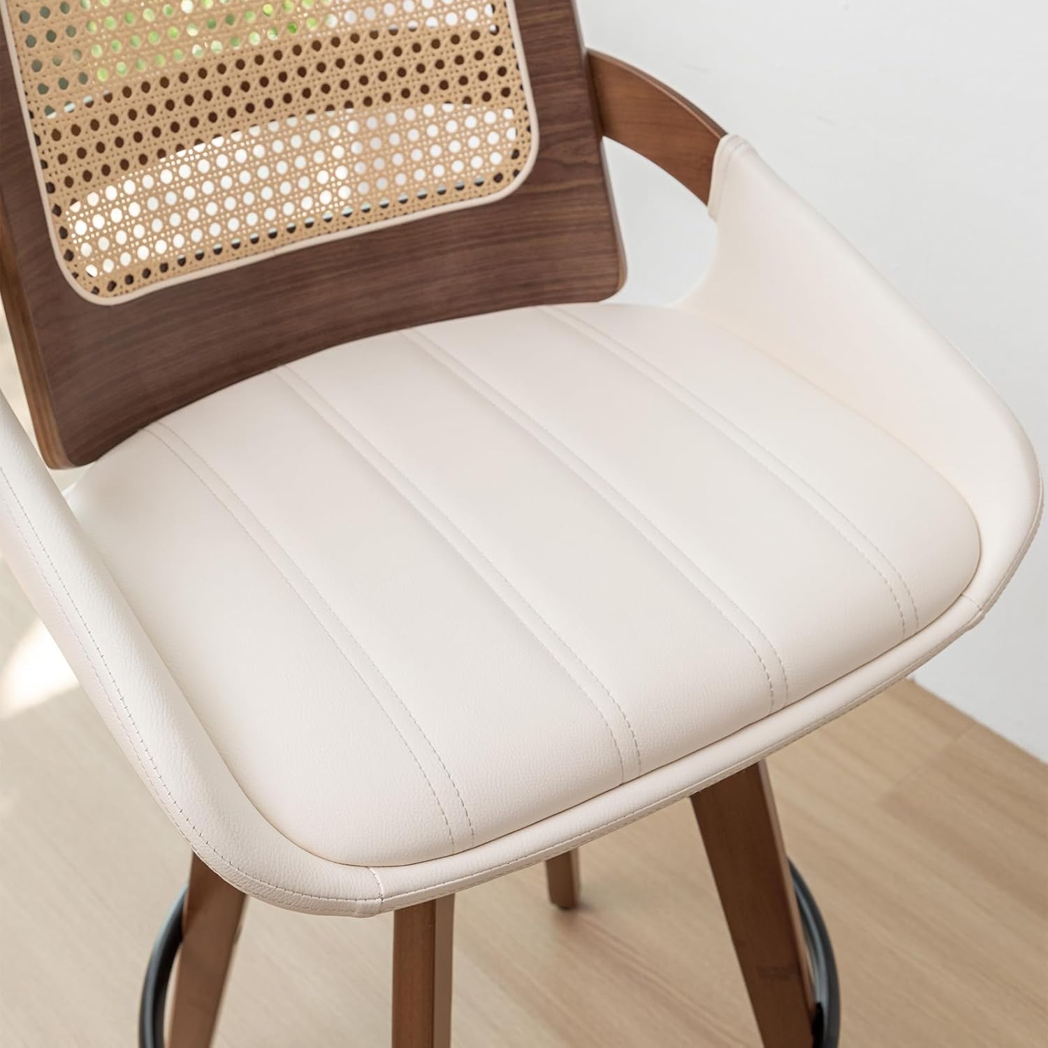 Set of 2 Mid Century Modern Counter Stools - 26.4 inch Rattan Swivel Counter Stools with Cane Back, Upholstered Faux Leather, Walnut Craftsmanship, Ideal for Island/Pub/Kitchen(26" Seat Height, Beige) - Image 7