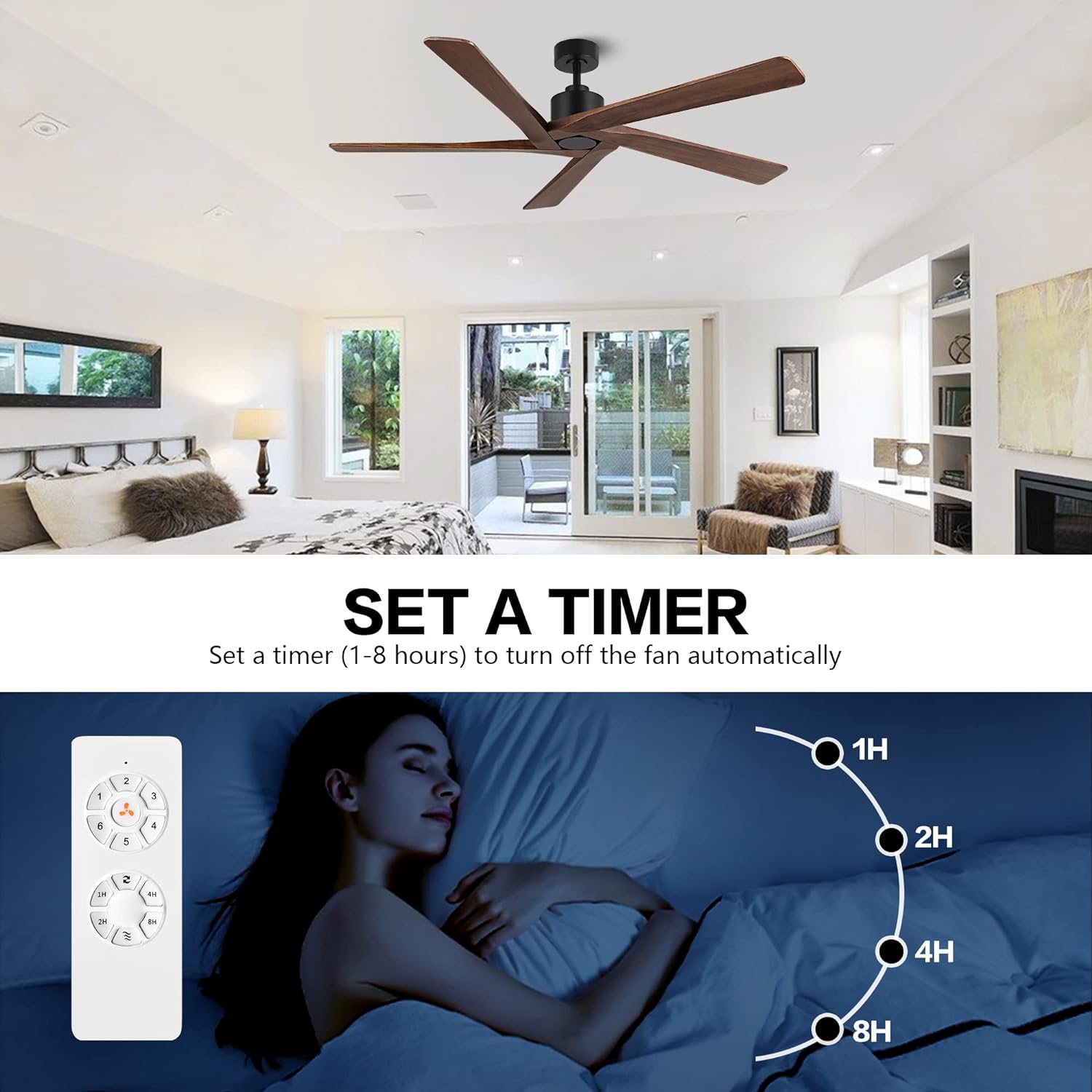 WINGBO 64 Inch DC Ceiling Fan without Lights, 5 Reversible Carved Solid Wood Blades, 6-Speed Noiseless DC Motor, Ceiling Fan No Light with Remote, Matte Black Finish with Walnut Blades, ETL Listed - Image 6