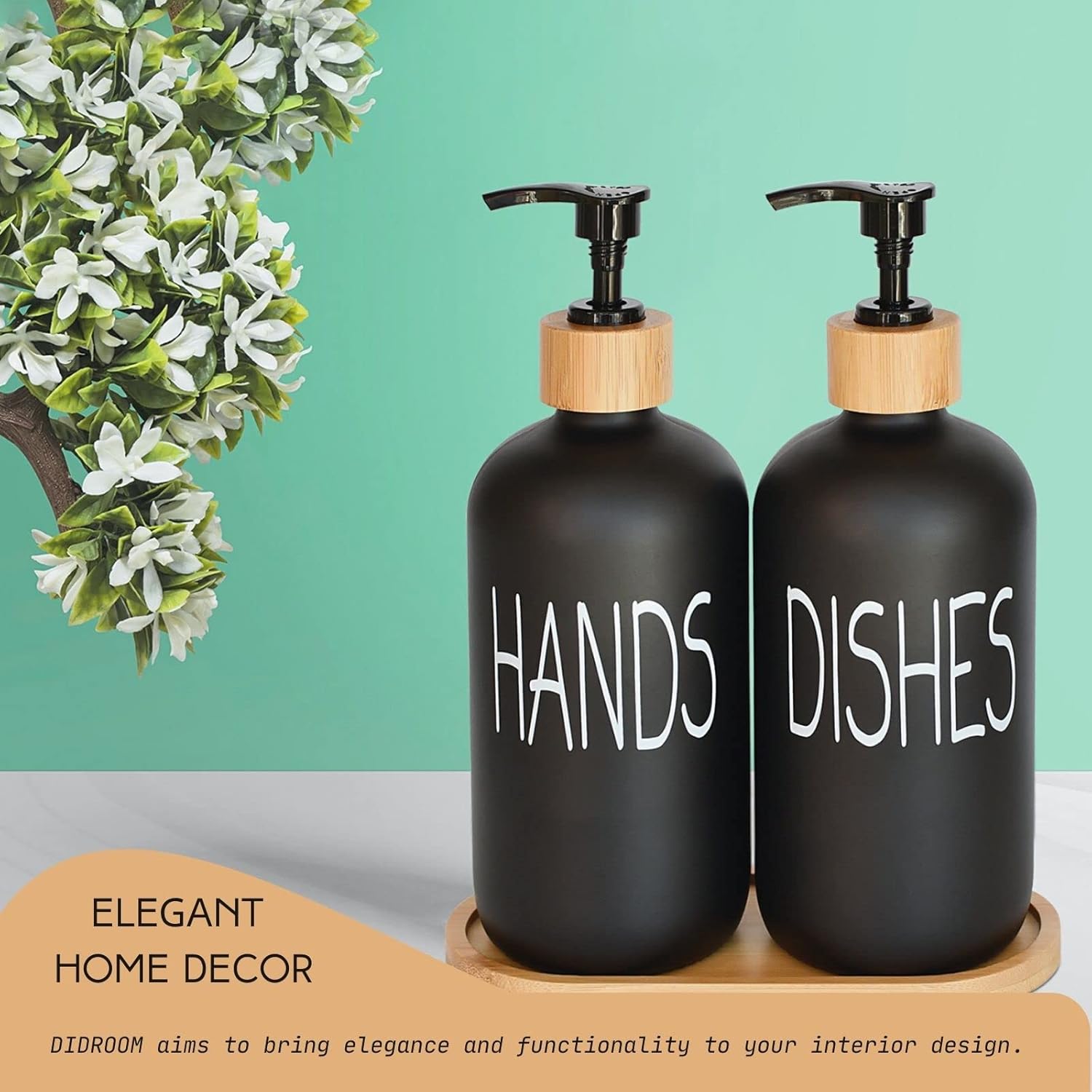 Glass Soap Dispenser Set. Hand and Dish with Bamboo Tray. Vintage Pump for Kitchen Drain Outlet Bathroom. Stylish Permanent Labels (Matte Black) - Image 5
