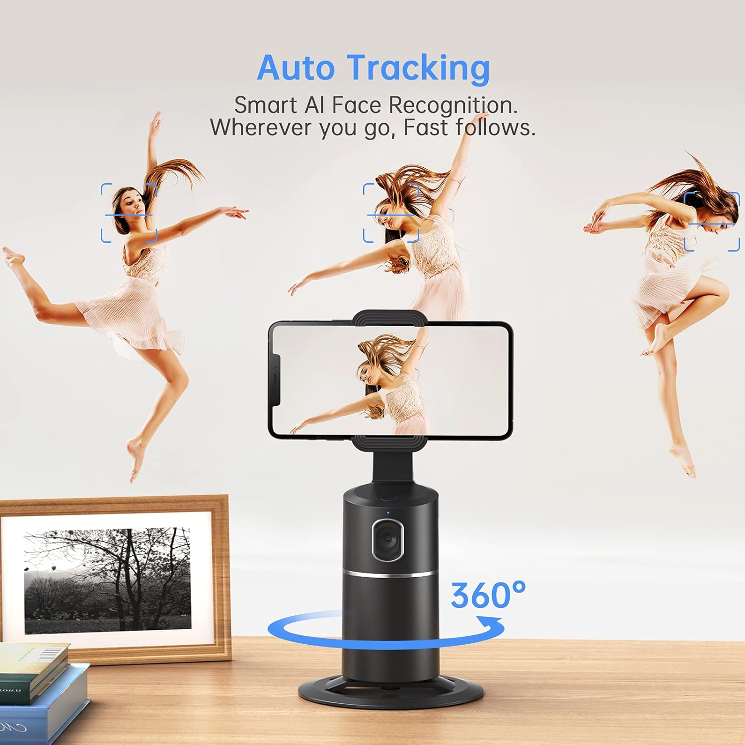 camrola Auto Face Tracking Phone Holder, No App Required, 360° Rotation Face Body Phone Tracking Tripod Smart Shooting Camera Mount for Live Vlog Streaming Video, Rechargeable Battery-Black - Image 3