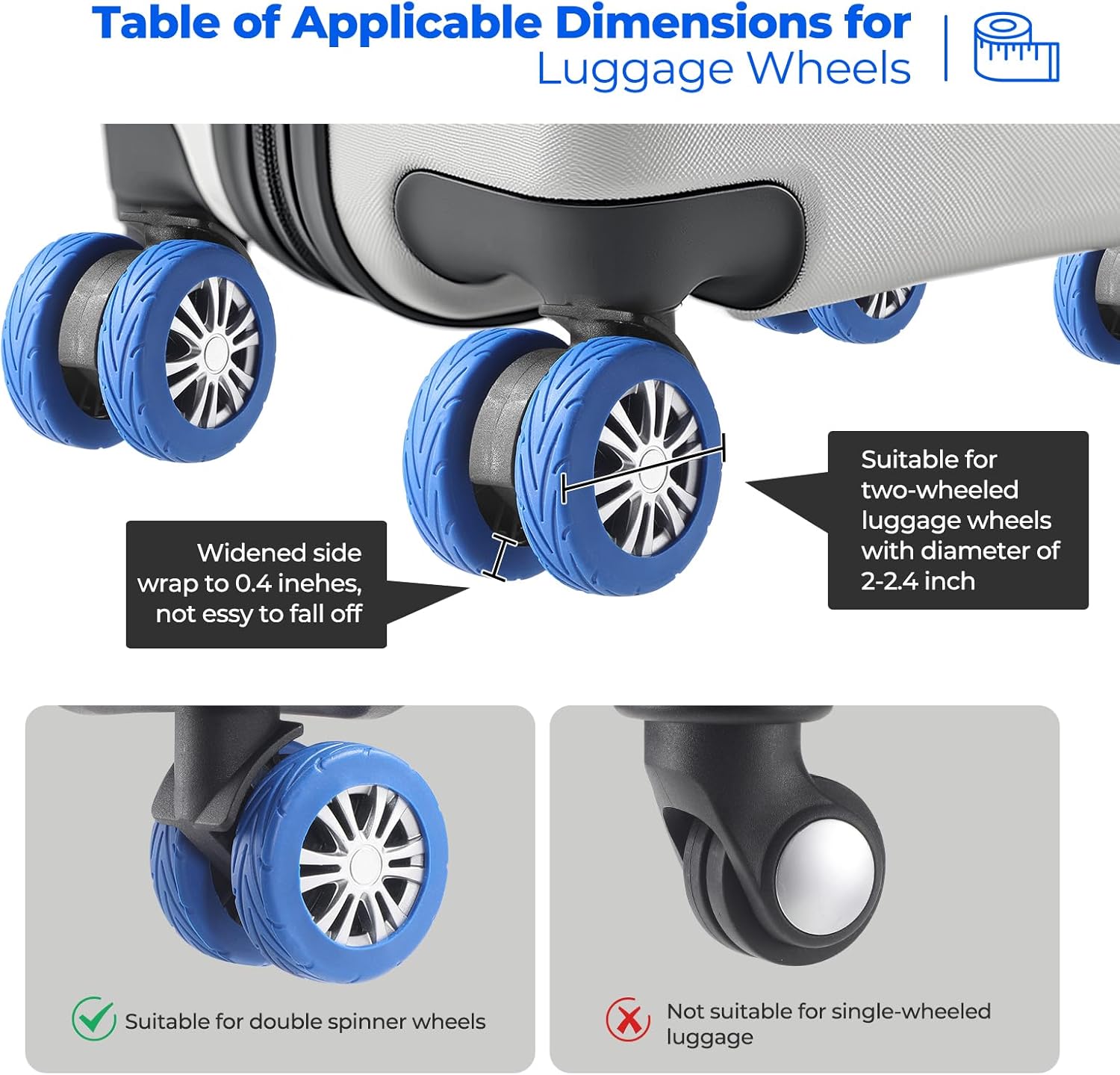 8 Pcs Upgrade Luggage Wheel Covers, Carry On Luggage Suitcases,Wear-Resistant, Anti-Noise, Silicone Wheel Protective Covers for 2-2.4" Spinner Wheel,Essential Travel Accessories (Blue) - Image 5