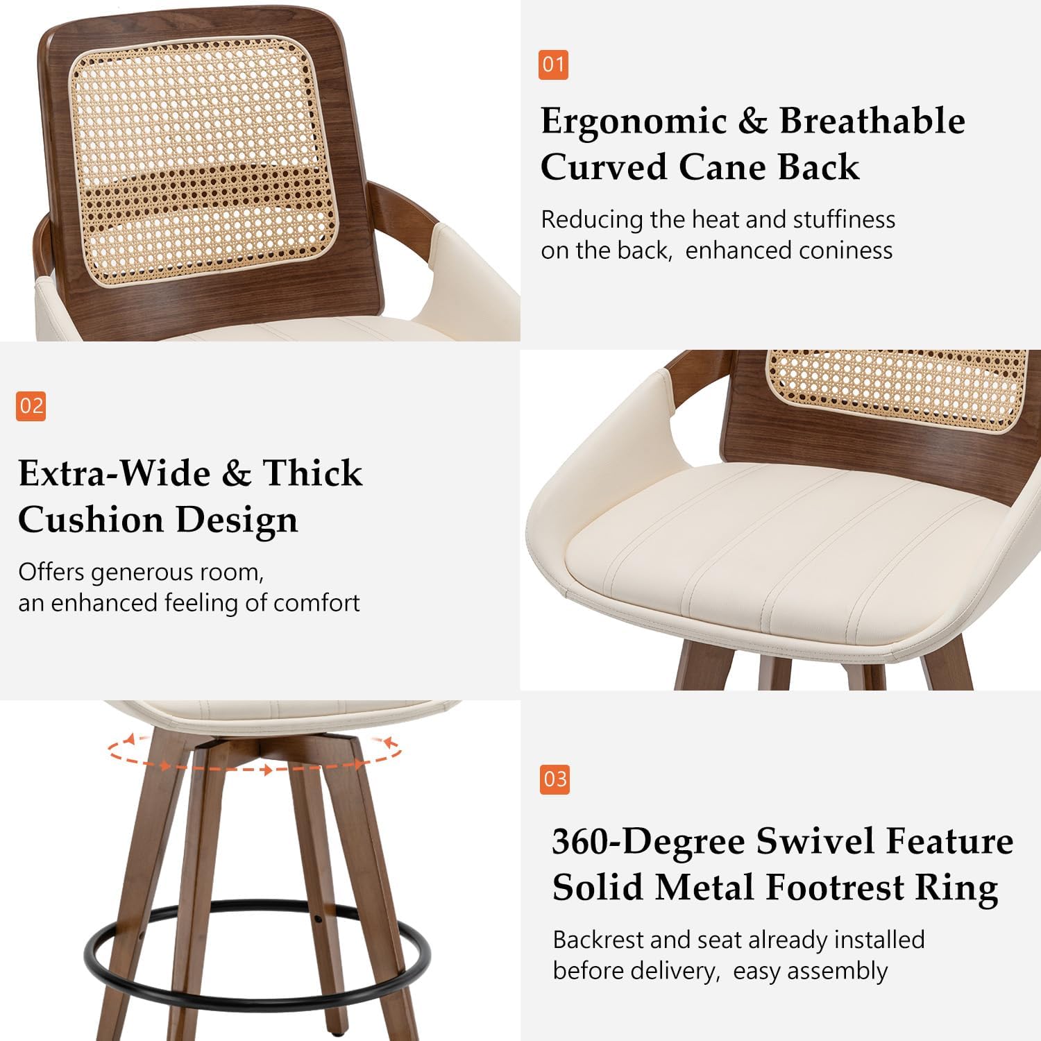 Set of 2 Mid Century Modern Counter Stools - 26.4 inch Rattan Swivel Counter Stools with Cane Back, Upholstered Faux Leather, Walnut Craftsmanship, Ideal for Island/Pub/Kitchen(26" Seat Height, Beige) - Image 3