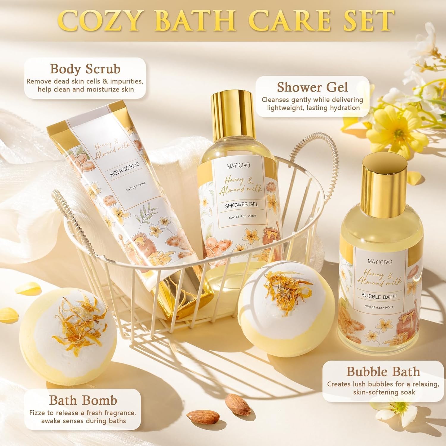 Mothers Day Birthday Gifts for Women, Honey & Almond Milk Relaxing Spa Gift Baskets for Women Self Care Package Bath Gift Set, Home Bath and Body Kit Pamper Gifts for Womens Her Mom Friends Sister - Image 4