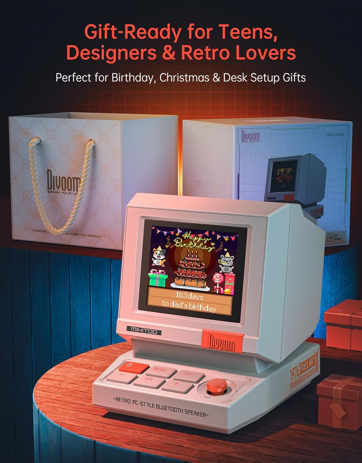 Divoom MiniToo Retro PC-Style Computer Speaker, Smart Pixel Screen with DIY Faces, Bluetooth & USB Audio, Alarm/White Noise Clock, Desk Setup Gift for Bedroom, Office & Gaming - Image 8