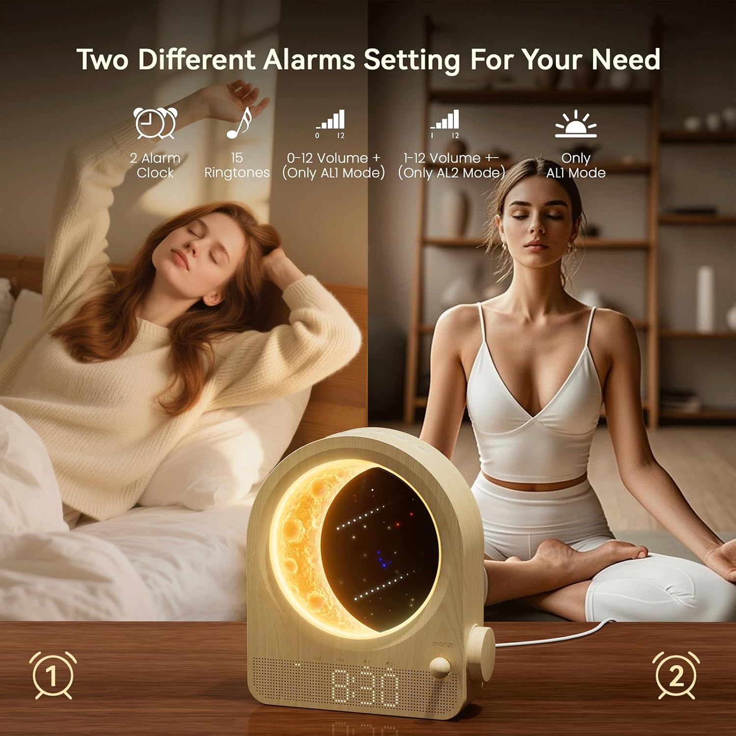 blonbar Sunrise Alarm Clocks for Bedrooms, Stepless Dimmable Moon Lamp Dual Alarm Clock with 12Levels Volume for Heavy Sleepers, 10 Natural Sounds with 30/60/90mins Timer, Gifts for Women - Image 5