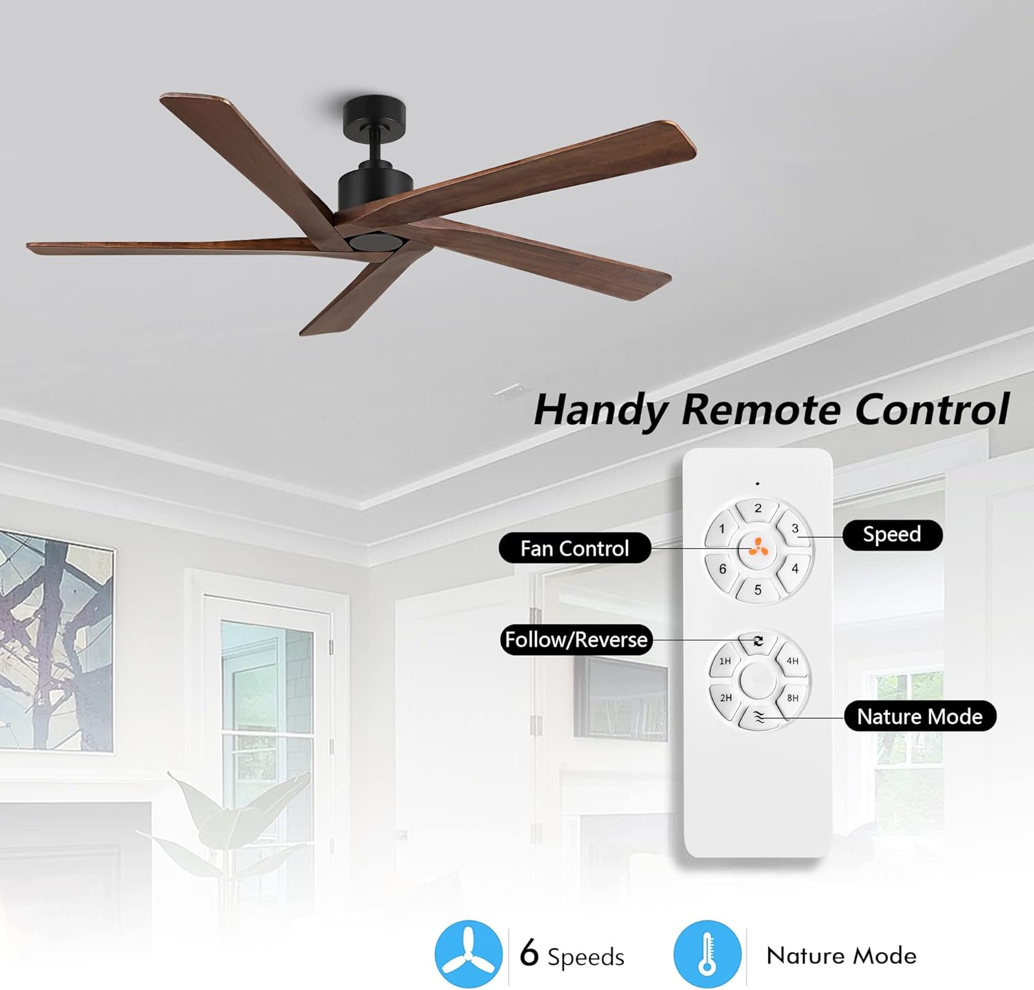 WINGBO 64 Inch DC Ceiling Fan without Lights, 5 Reversible Carved Solid Wood Blades, 6-Speed Noiseless DC Motor, Ceiling Fan No Light with Remote, Matte Black Finish with Walnut Blades, ETL Listed - Image 2