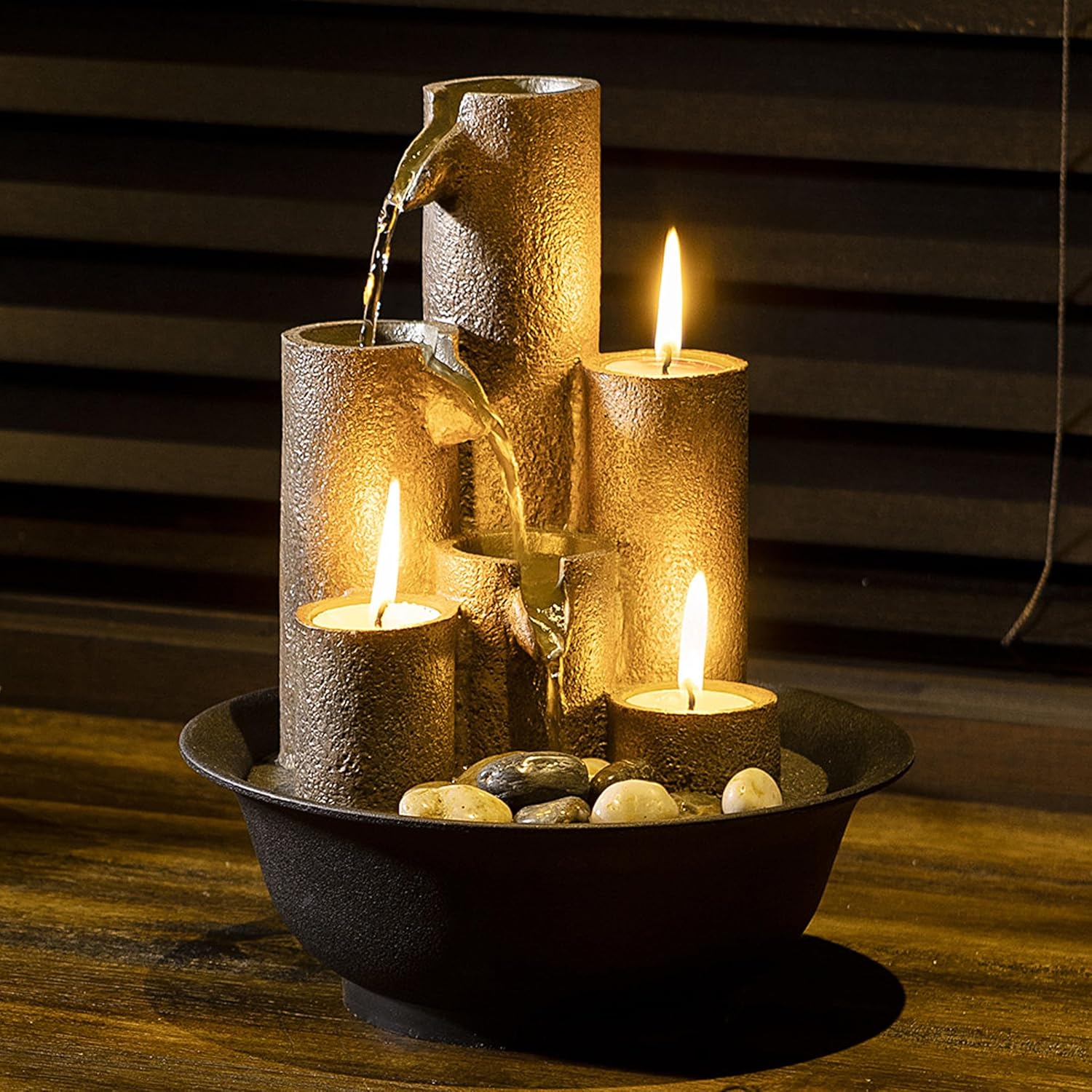 Alpine Corporation WCT202 Indoor Tabletop Tiered Water Fountain Featuring 3 Candles for Desktop and Table, 11", Brown - Image 4