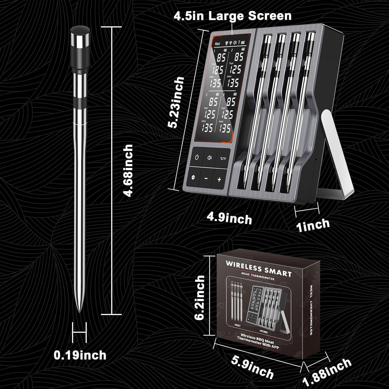 Wireless Meat Thermometer with Smart Timer & APP Alerts, 800ft Bluetooth Grill Food Thermometer, 4 X 0.19In Ultra Thin Probes, ±0.5℉ Accuracy, Big Digital Backlit Screen, for BBQ, Oven, Smoker - Image 9