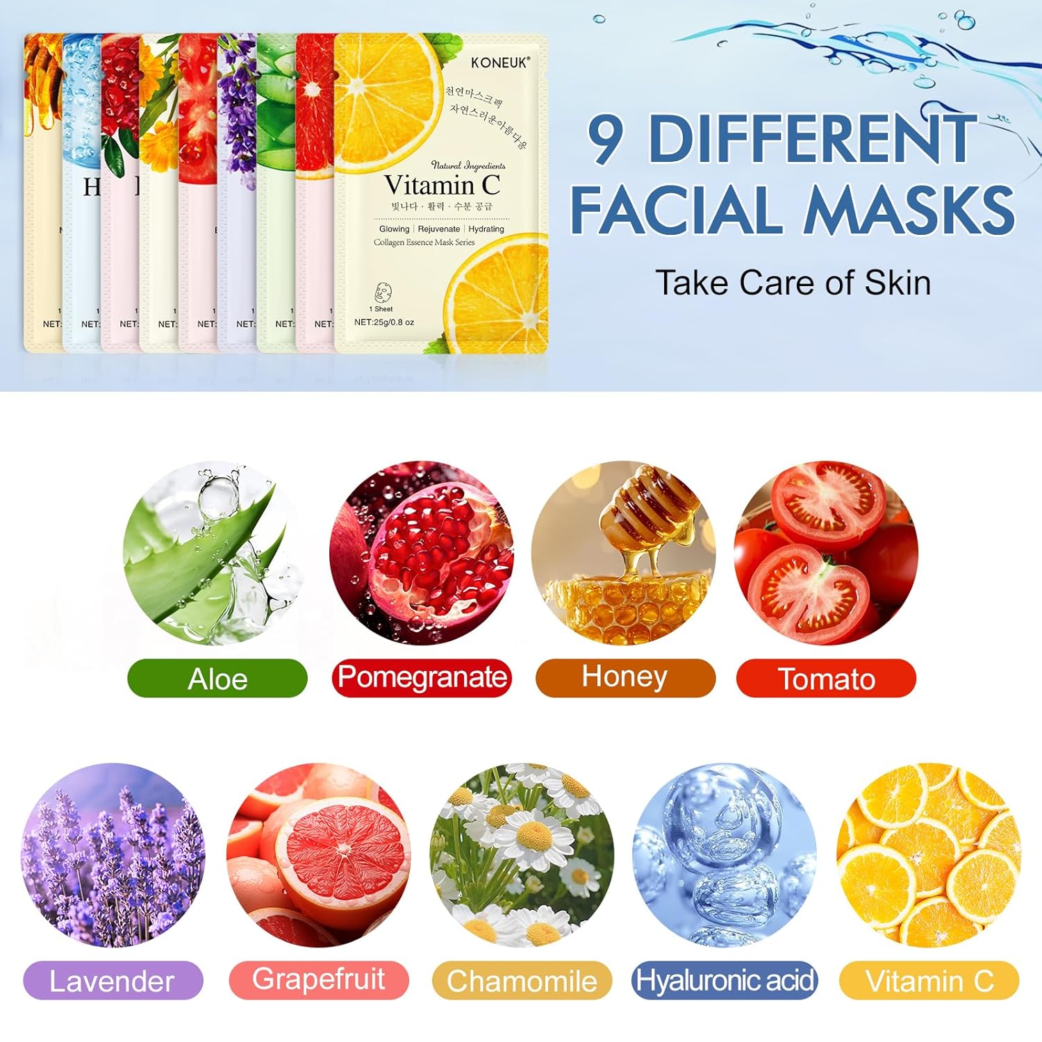KONEUK 9 Pack Collagen Face Masks Skincare for Women, Hydrating Sheet Face Masks Suitable for All Skin Types, Bulk Facial Masks for Women Skin Care, Face Mask Gifts Set for Spa Party - Image 3
