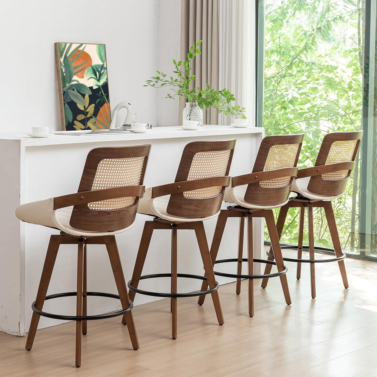 Set of 2 Mid Century Modern Counter Stools - 26.4 inch Rattan Swivel Counter Stools with Cane Back, Upholstered Faux Leather, Walnut Craftsmanship, Ideal for Island/Pub/Kitchen(26" Seat Height, Beige) - Image 6