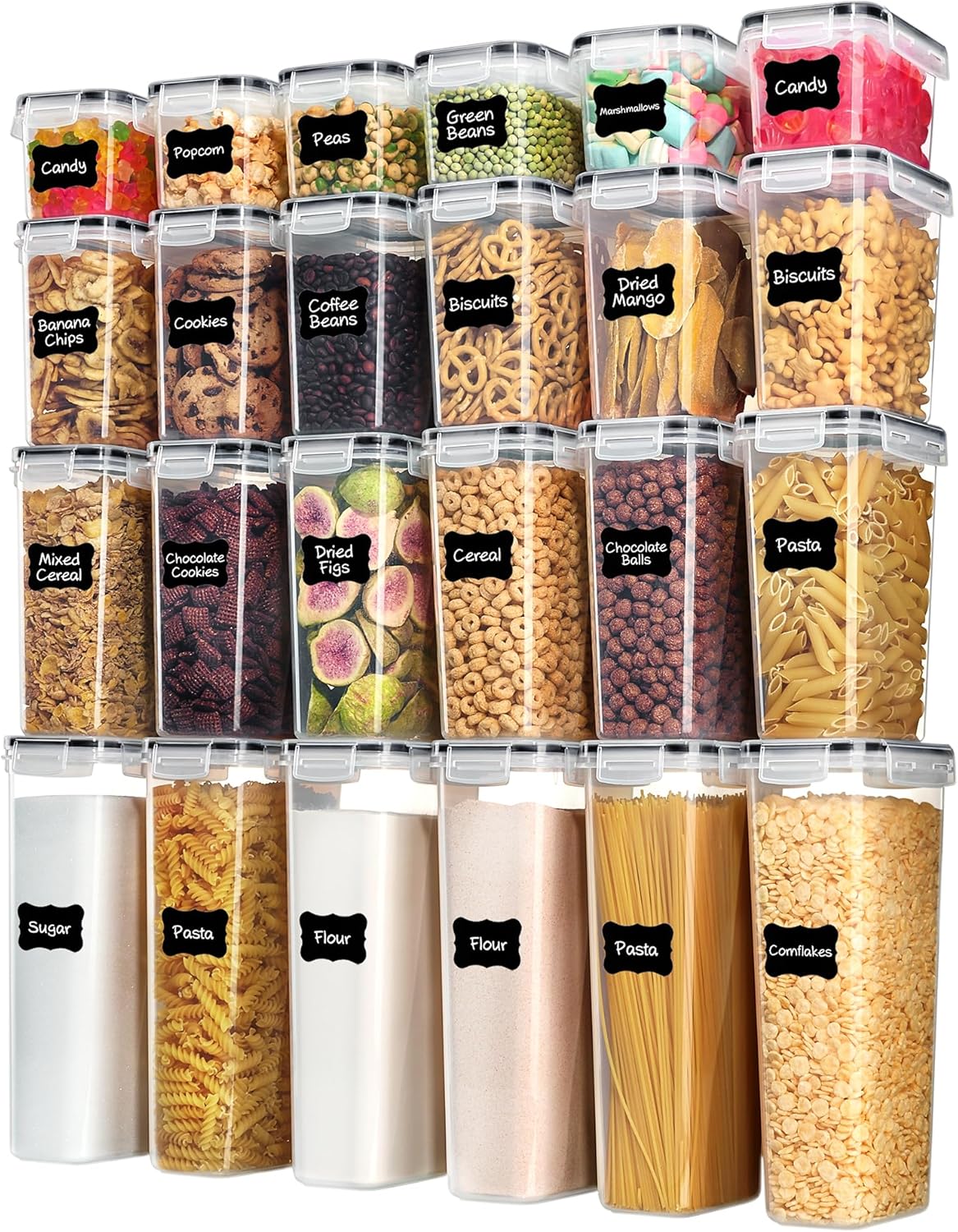 Airtight Food Storage Containers with Lids, Vtopmart 24 pcs Plastic Kitchen and Pantry Organization Canisters for Cereal, Dry Food, Flour and Sugar, BPA Free, Includes 24 Labels,Black