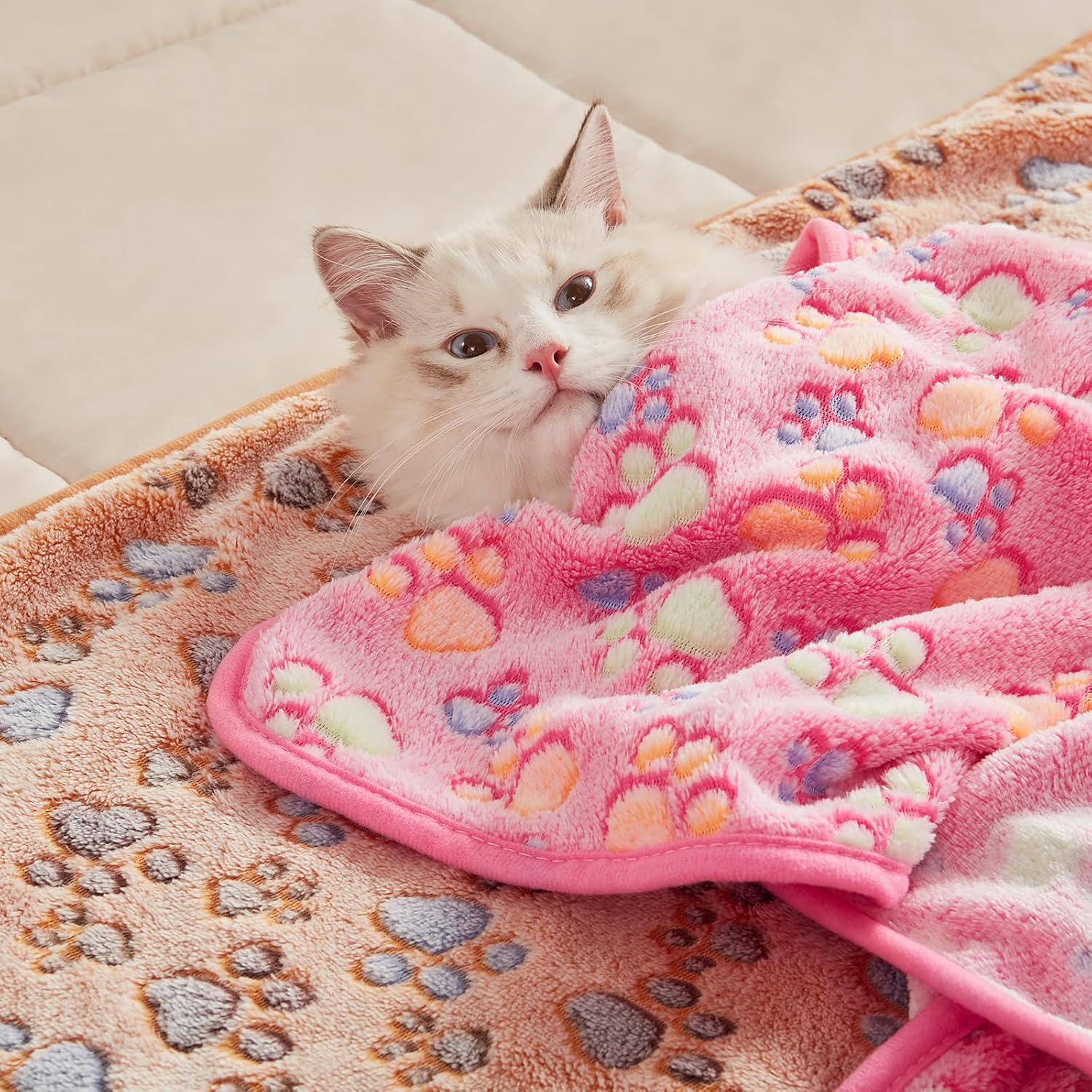 Luciphia 1 Pack 3 Blankets Super Soft Fluffy Premium Fleece Pet Blanket Flannel Throw for Dog Puppy Cat Paw Brown/Pink/White Small(23x16 inch) - Image 7