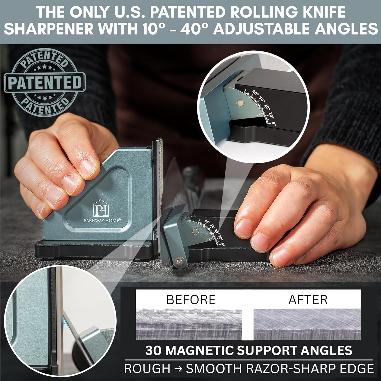 PATENTED ORIGINAL ADJUSTABLE ROLLING KNIFE SHARPENER KIT: Adjustable Height, 10° to 40° for 30 Angle Options, Removeable Diamond Plates with Travel Case - Kitchen Knife Sharpener - Image 2