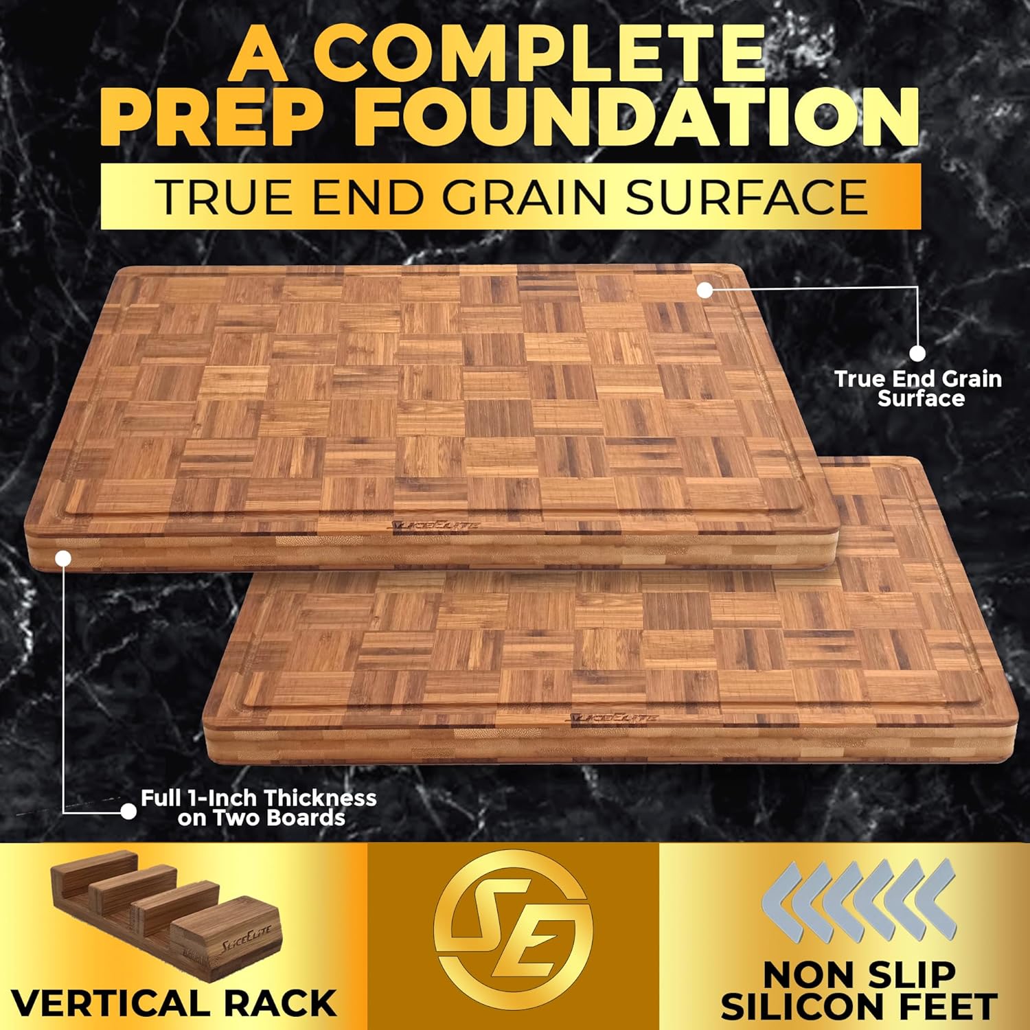 SliceElite Extra Large Bamboo Cutting Board Set 3 Piece End Grain Wooden Chopping Boards with Holder Non Slip Feet Juice Groove XL Butcher Block Style Boards for Kitchen Carving and Serving - Image 3
