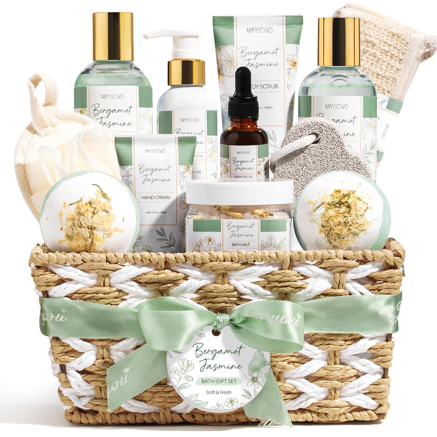 Mothers Day Birthday Gifts for Women, Bergamot Jasmine Relaxing Spa Gift Baskets for Women Self Care Package Bath Gift Set, Home Bath and Body Kit Pampering Gifts for Womens Her Mom Friend Sister Wife