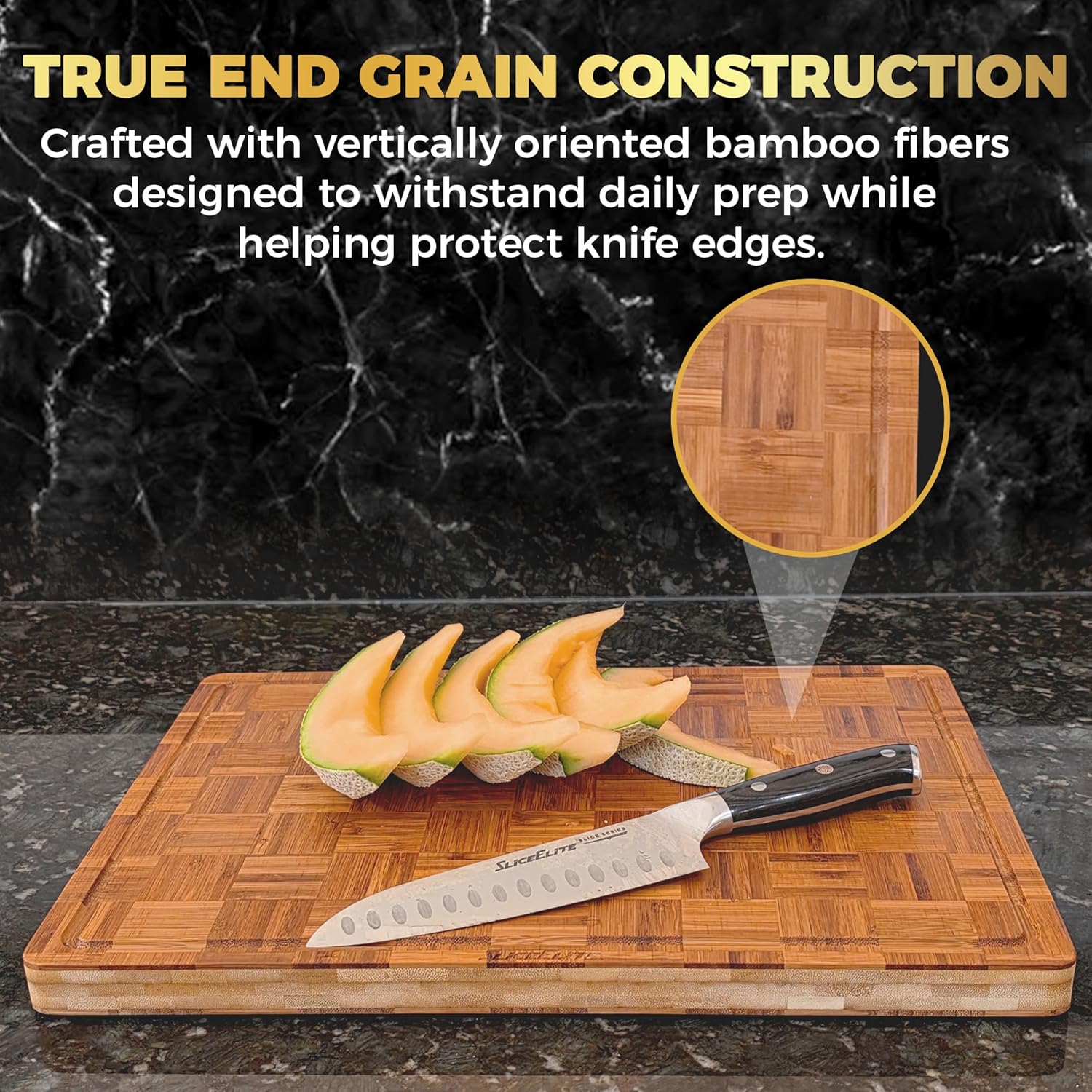 SliceElite Extra Large Bamboo Cutting Board Set 3 Piece End Grain Wooden Chopping Boards with Holder Non Slip Feet Juice Groove XL Butcher Block Style Boards for Kitchen Carving and Serving - Image 6