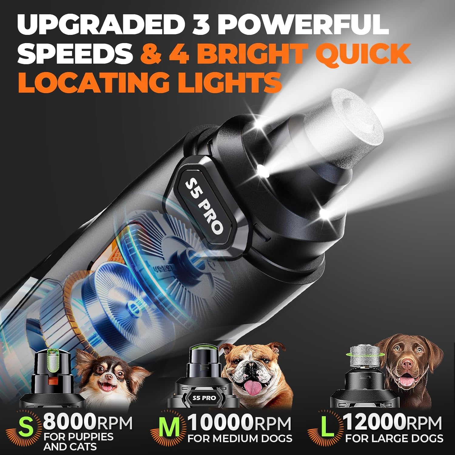 Whisper Quiet Dog Nail Grinder with 4 LED Lights, Safe & Stress-Free for Sensitive Dogs Cats of All Breeds & Sizes, 3 Grinding Bits, 3-Speed, Pet Nail Trimmers, Rechargeable Painless Grooming Kit - Image 3