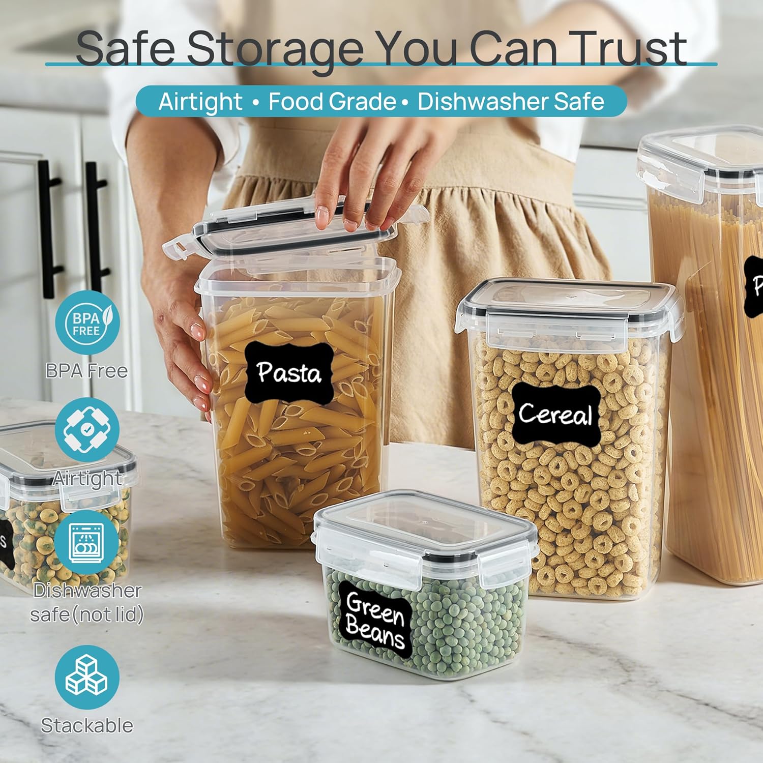 Airtight Food Storage Containers with Lids, Vtopmart 24 pcs Plastic Kitchen and Pantry Organization Canisters for Cereal, Dry Food, Flour and Sugar, BPA Free, Includes 24 Labels,Black - Image 4
