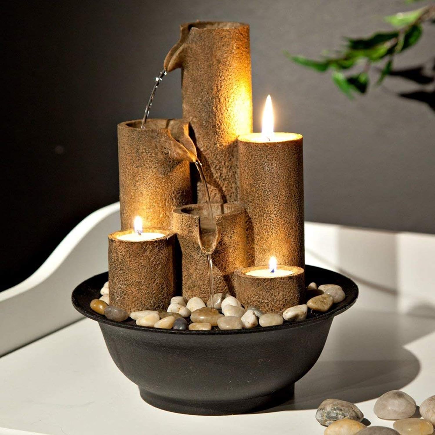 Alpine Corporation WCT202 Indoor Tabletop Tiered Water Fountain Featuring 3 Candles for Desktop and Table, 11", Brown - Image 5