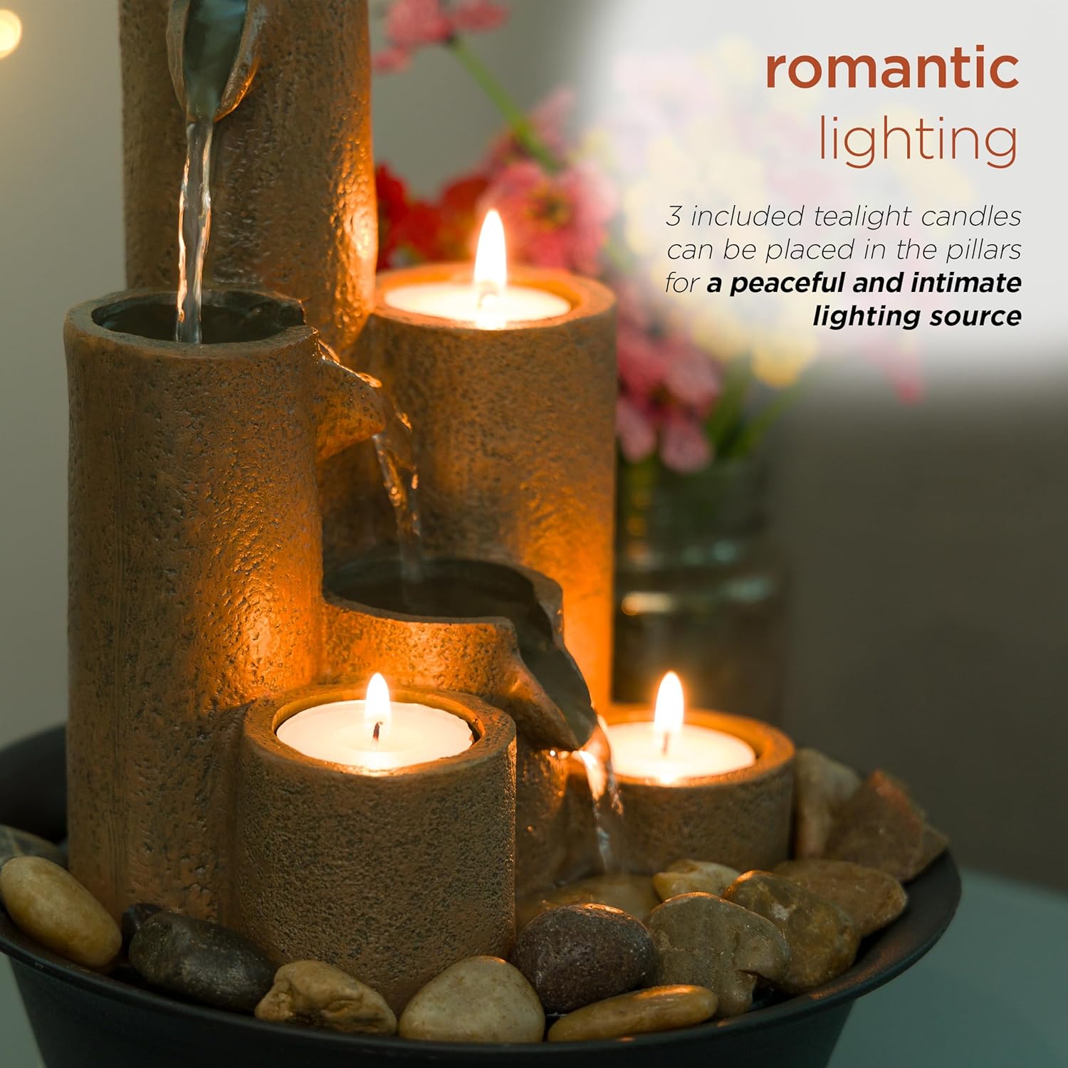 Alpine Corporation WCT202 Indoor Tabletop Tiered Water Fountain Featuring 3 Candles for Desktop and Table, 11", Brown - Image 9