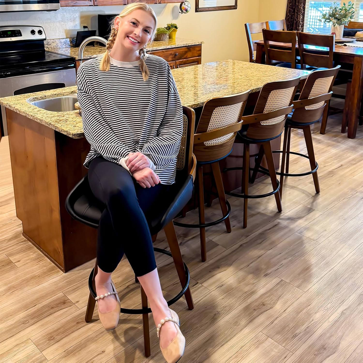 Set of 2 Mid Century Modern Counter Stools - 26.4 inch Rattan Swivel Counter Stools with Cane Back, Upholstered Faux Leather, Walnut Craftsmanship, Ideal for Island/Pub/Kitchen(26" Seat Height, Beige) - Image 4