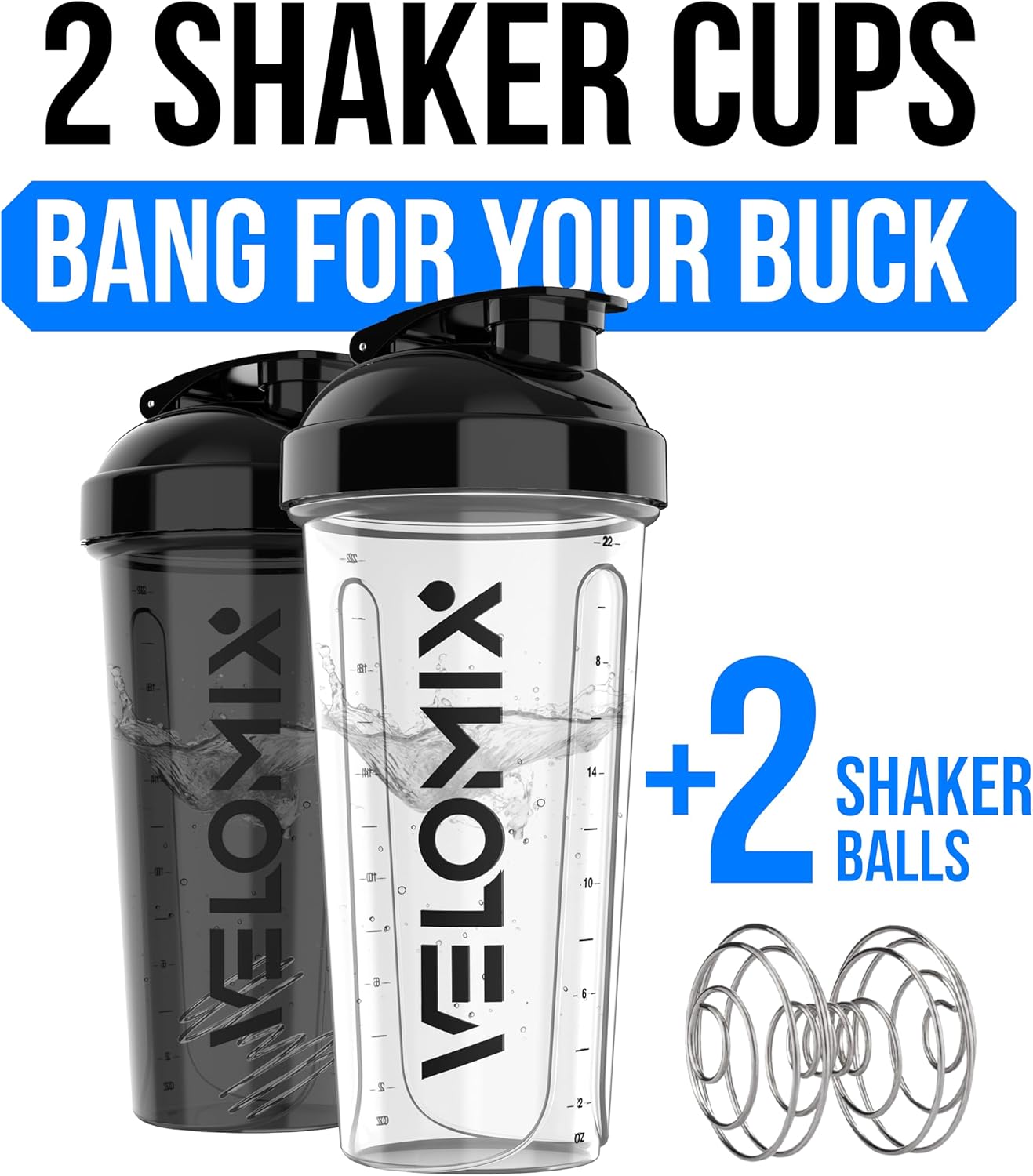 VELOMIX -2 Pack- 28 oz Protein Shaker Bottles for Protein Mixes - 2x Wire Whisk | Leak Proof Shaker Cups for Protein Shakes | Protein Shaker Bottle Pack (Black/Transparent) - Image 2