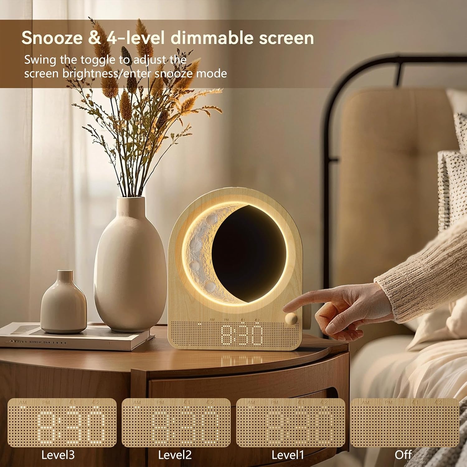 blonbar Sunrise Alarm Clocks for Bedrooms, Stepless Dimmable Moon Lamp Dual Alarm Clock with 12Levels Volume for Heavy Sleepers, 10 Natural Sounds with 30/60/90mins Timer, Gifts for Women - Image 7