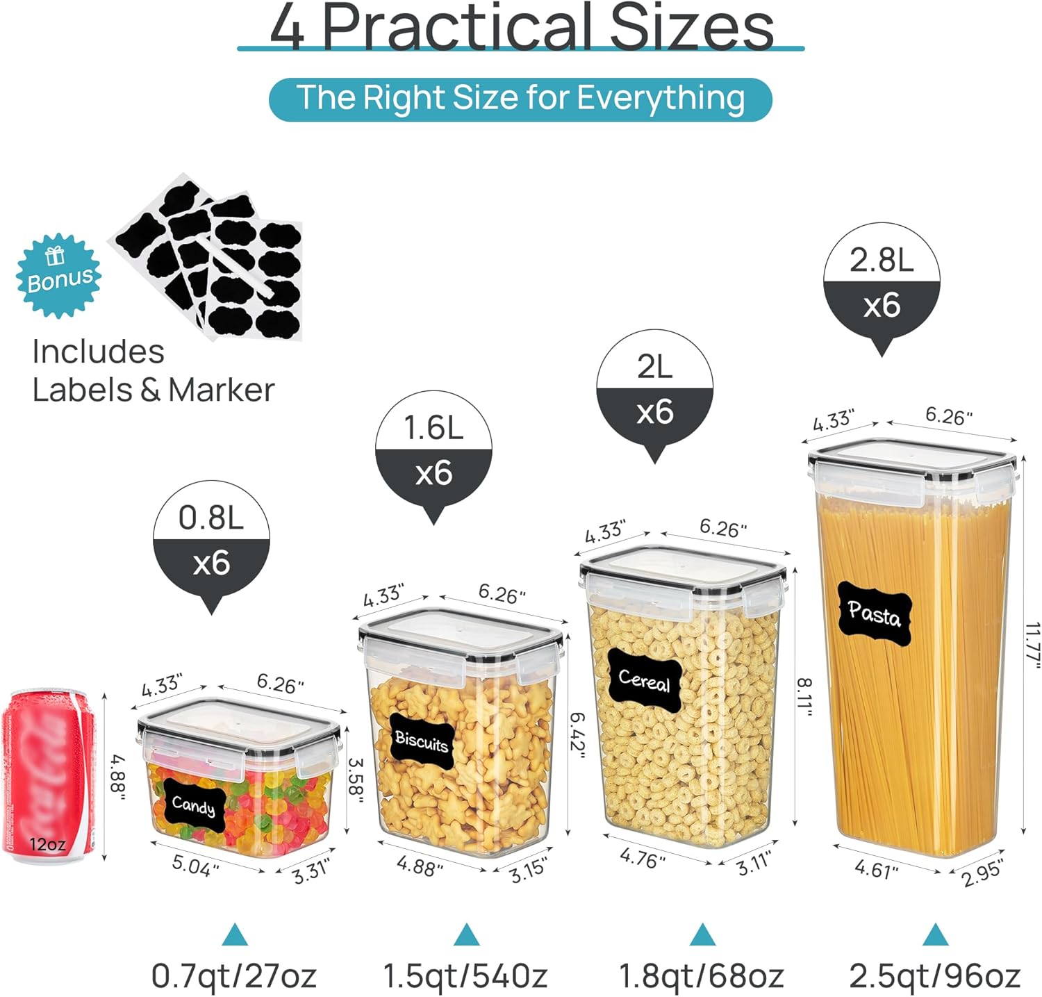 Airtight Food Storage Containers with Lids, Vtopmart 24 pcs Plastic Kitchen and Pantry Organization Canisters for Cereal, Dry Food, Flour and Sugar, BPA Free, Includes 24 Labels,Black - Image 2