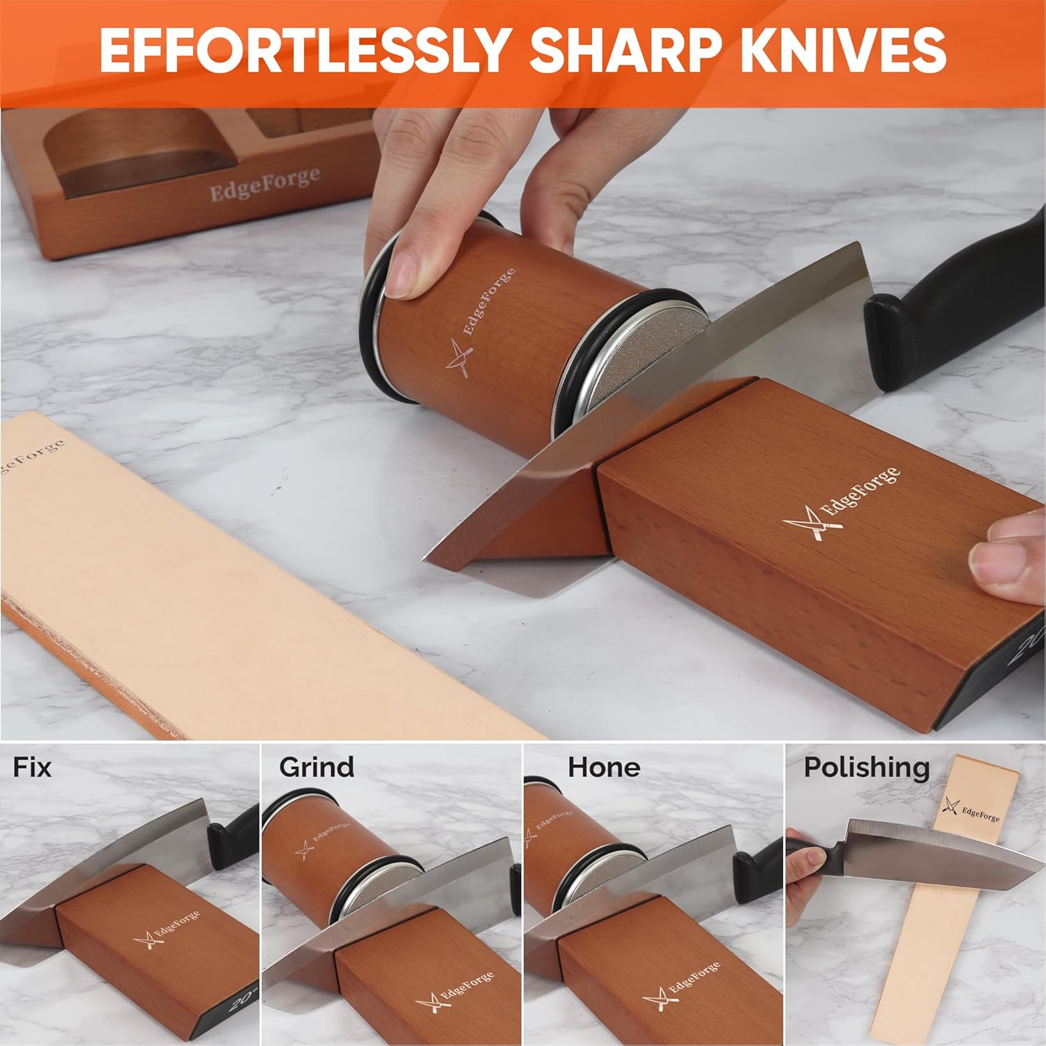 Rolling Knife Sharpener Kit – Diamond & Ceramic Knife Sharpener Set with Magnetic 15° & 20° Angle Guide, 4 Sharpening Discs, Leather Strop & Stand, Manual Kitchen Knife Sharpening Tool Gift Set - Image 7