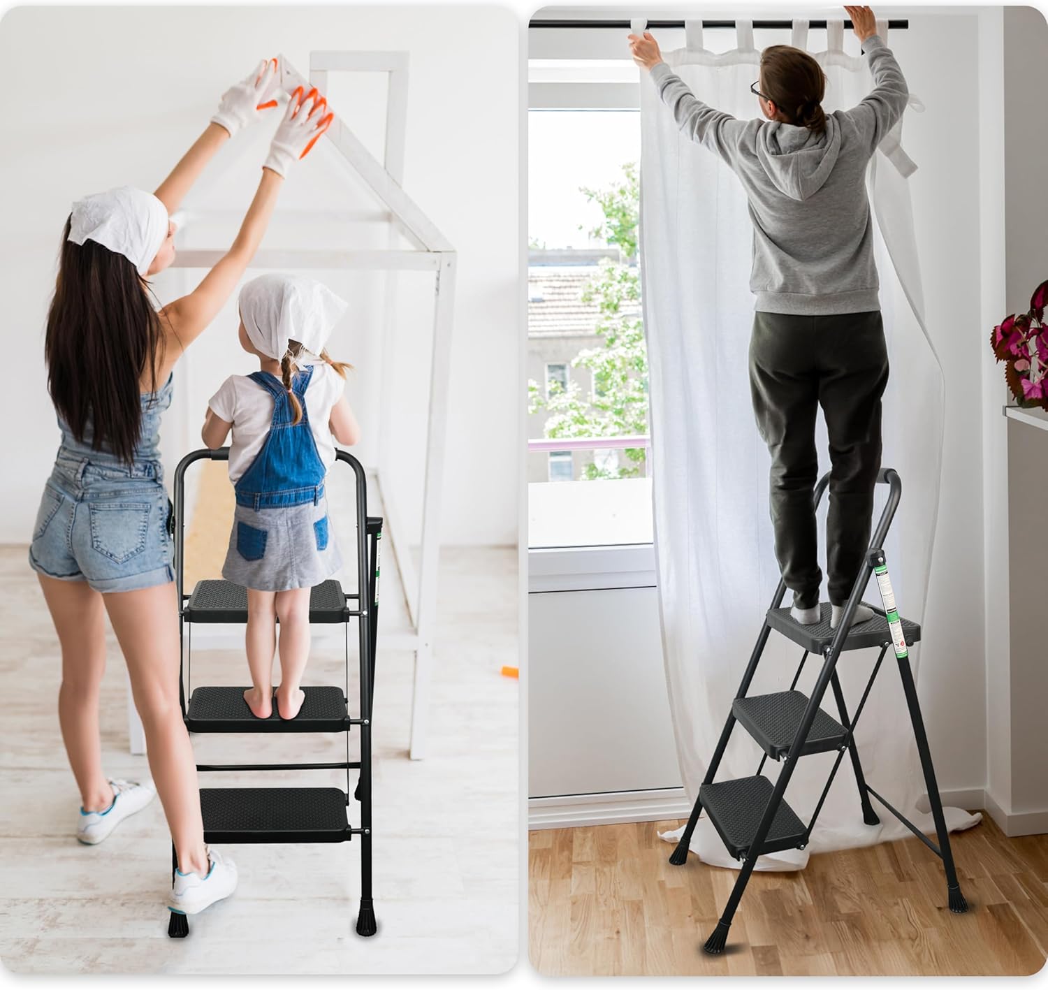 3 Step Ladder, Folding Step Stool with Wide Anti-Slip Pedals, Sturdy Steel Ladder with Handrail, Space-Saving, Portable for Home & Adults - Image 7