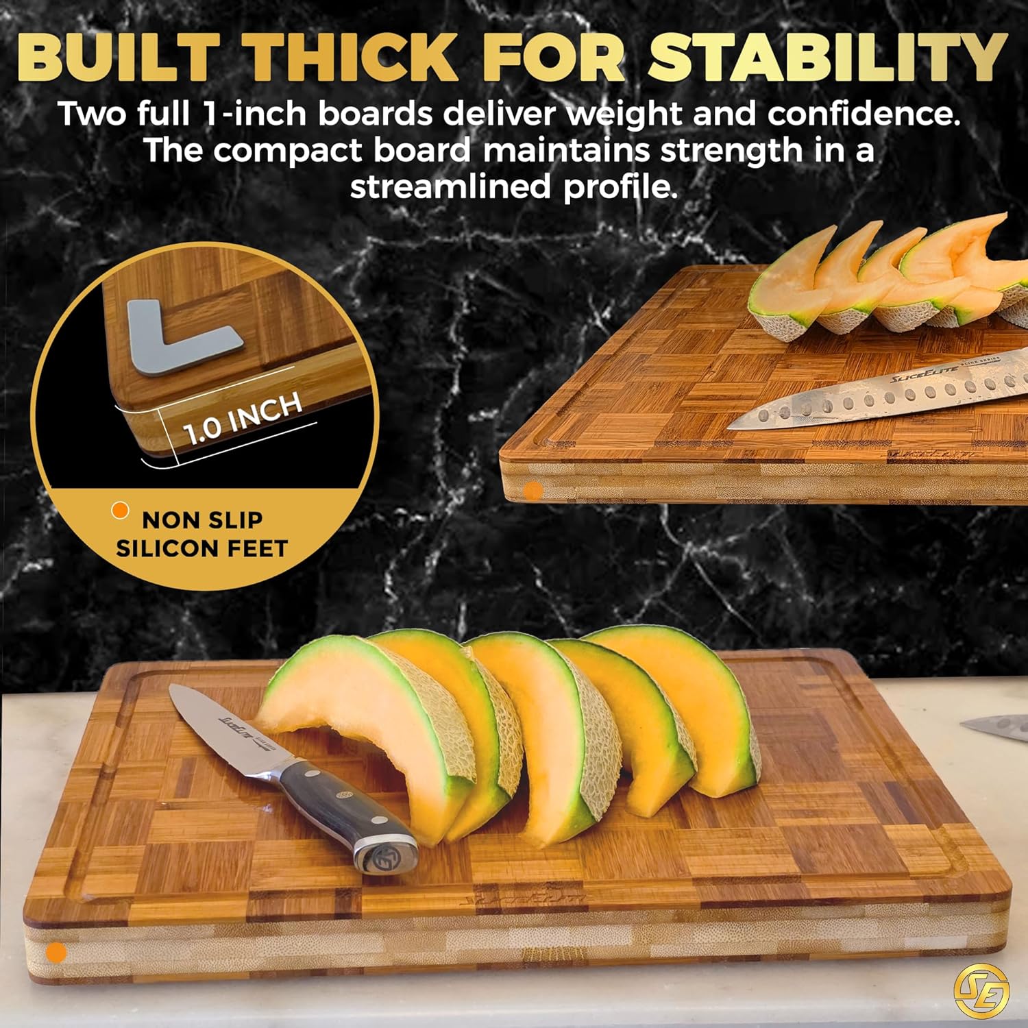 SliceElite Extra Large Bamboo Cutting Board Set 3 Piece End Grain Wooden Chopping Boards with Holder Non Slip Feet Juice Groove XL Butcher Block Style Boards for Kitchen Carving and Serving - Image 7